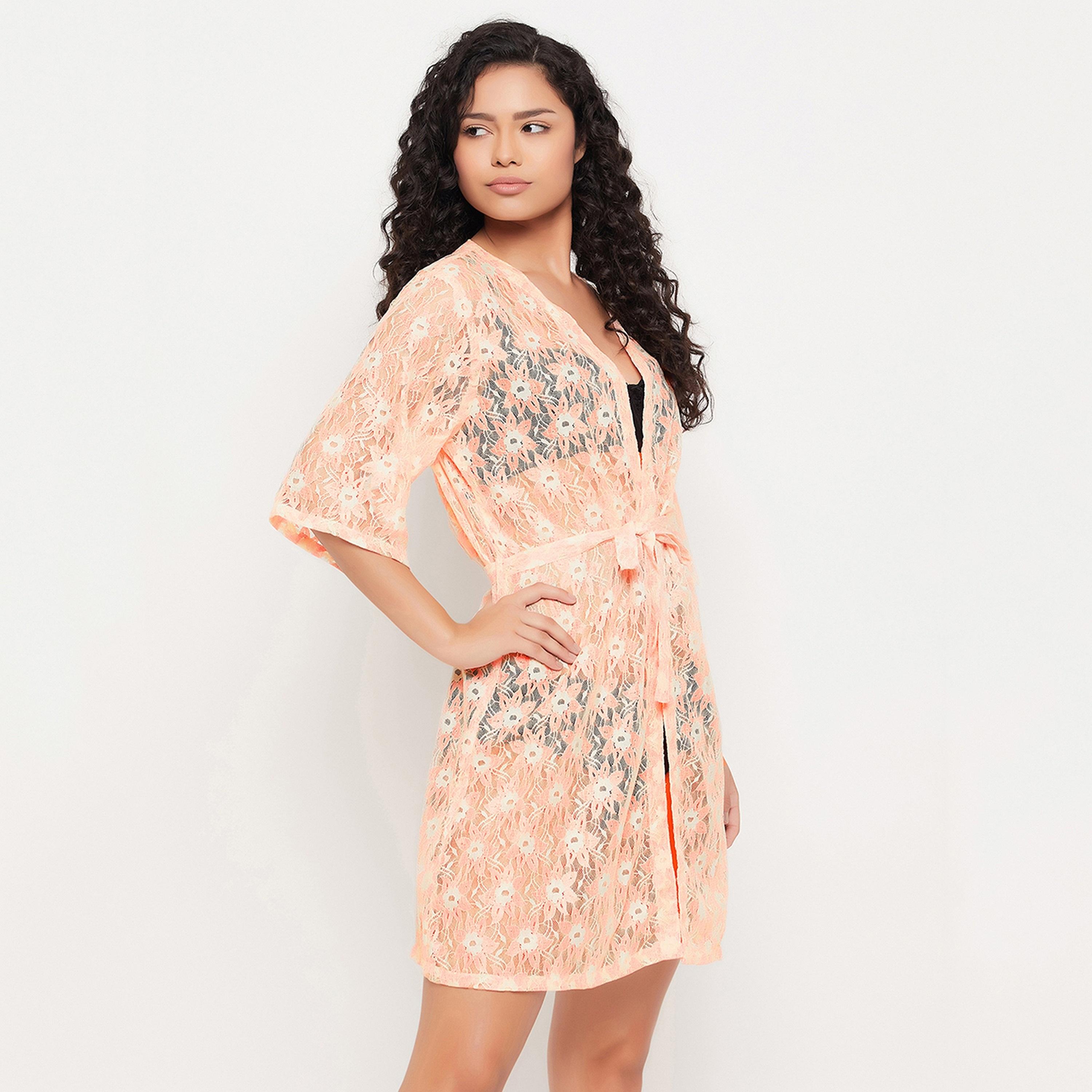 Clovia Chic Basic Sheer Women's Robe in Peach Colour - Lace-women-clothing-nightwear-robes-image-4