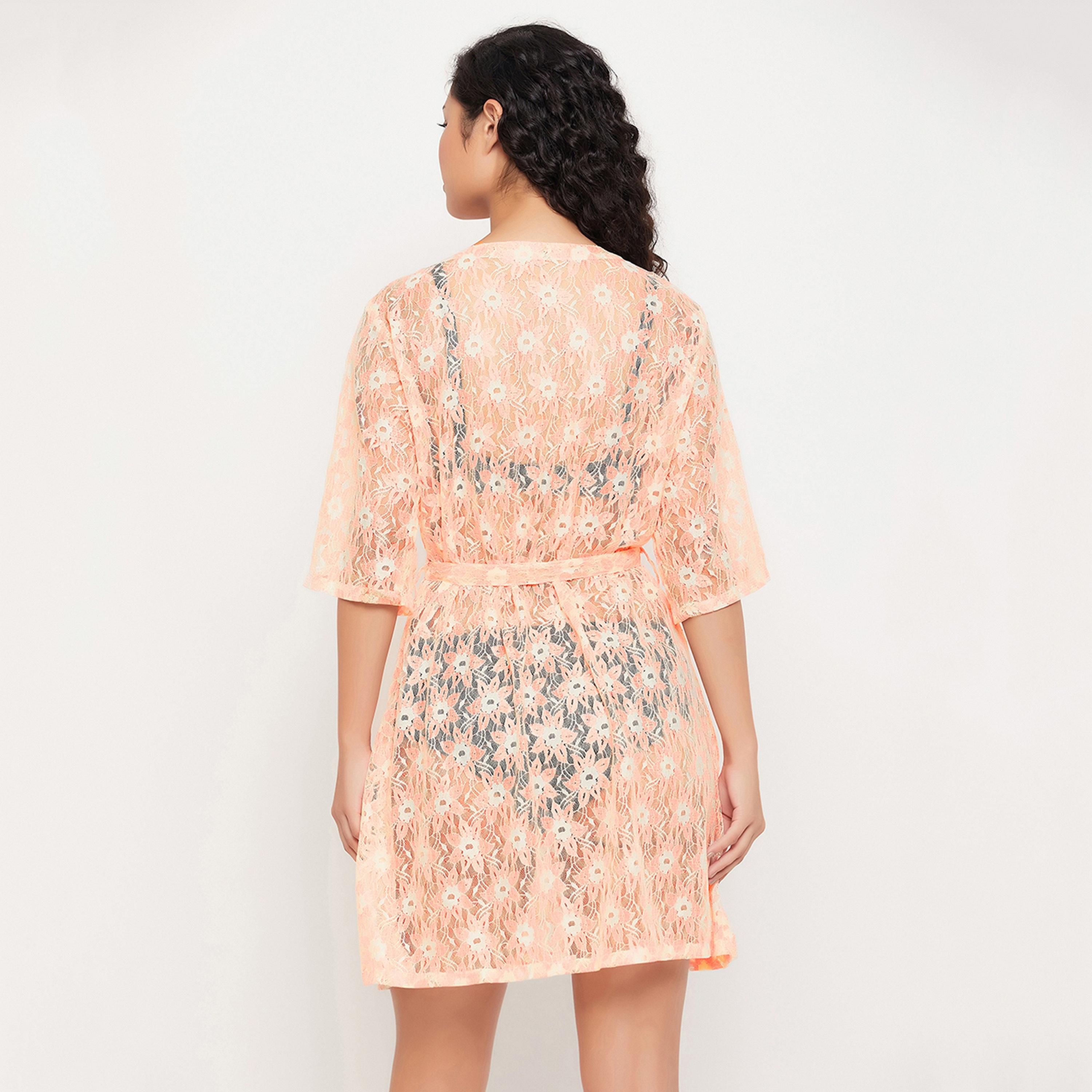 Clovia Chic Basic Sheer Women's Robe in Peach Colour - Lace-women-clothing-nightwear-robes-image-5