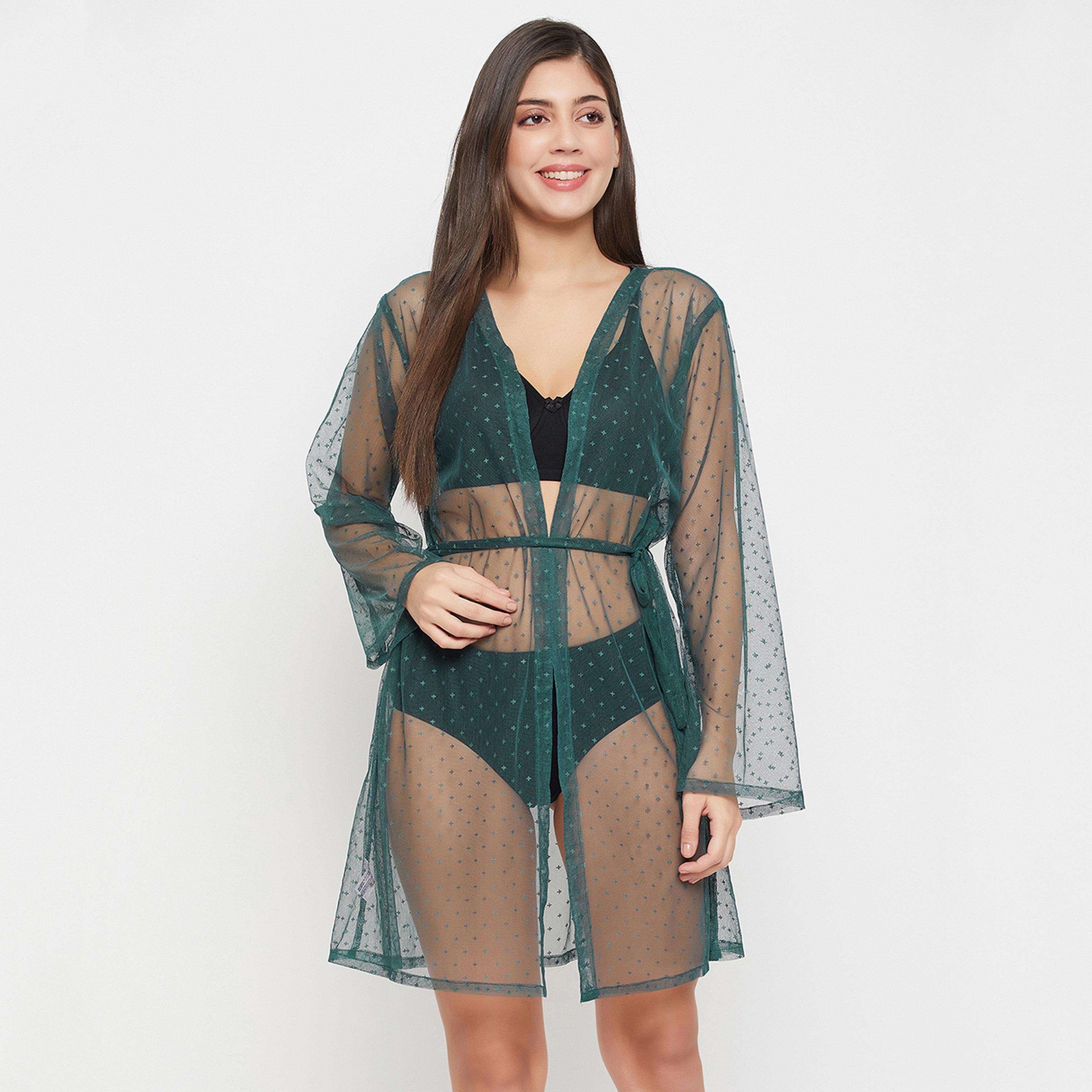 Clovia Chic Basic Sheer Women's Robe in Green-women-clothing-nightwear-robes-image-1