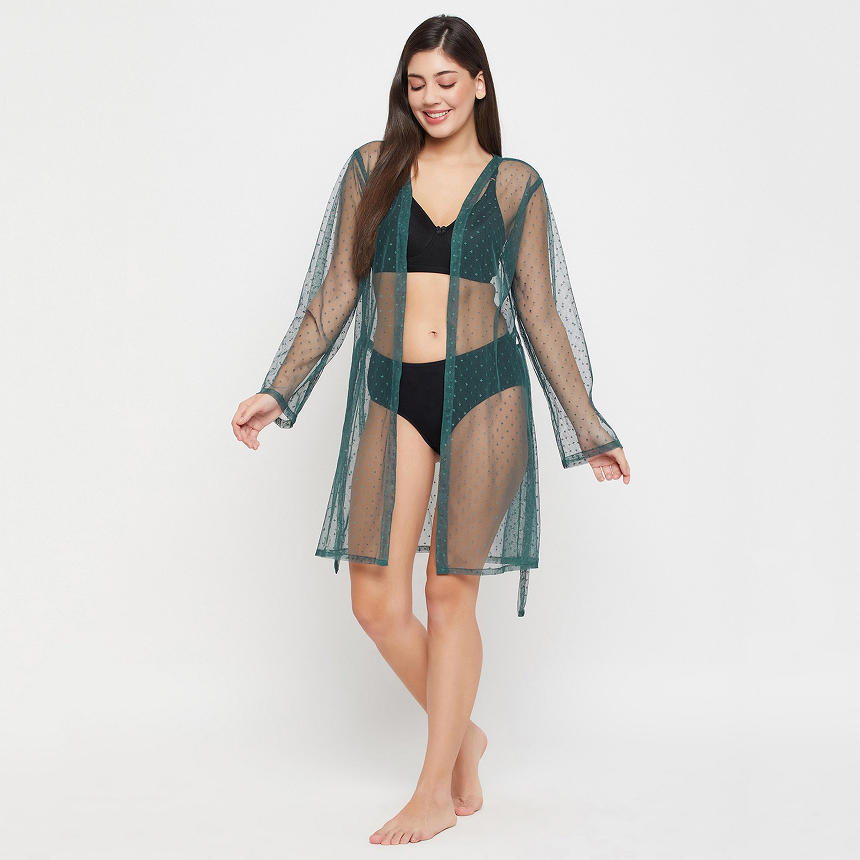 Clovia Chic Basic Sheer Women's Robe in Green-women-clothing-nightwear-robes-image-2