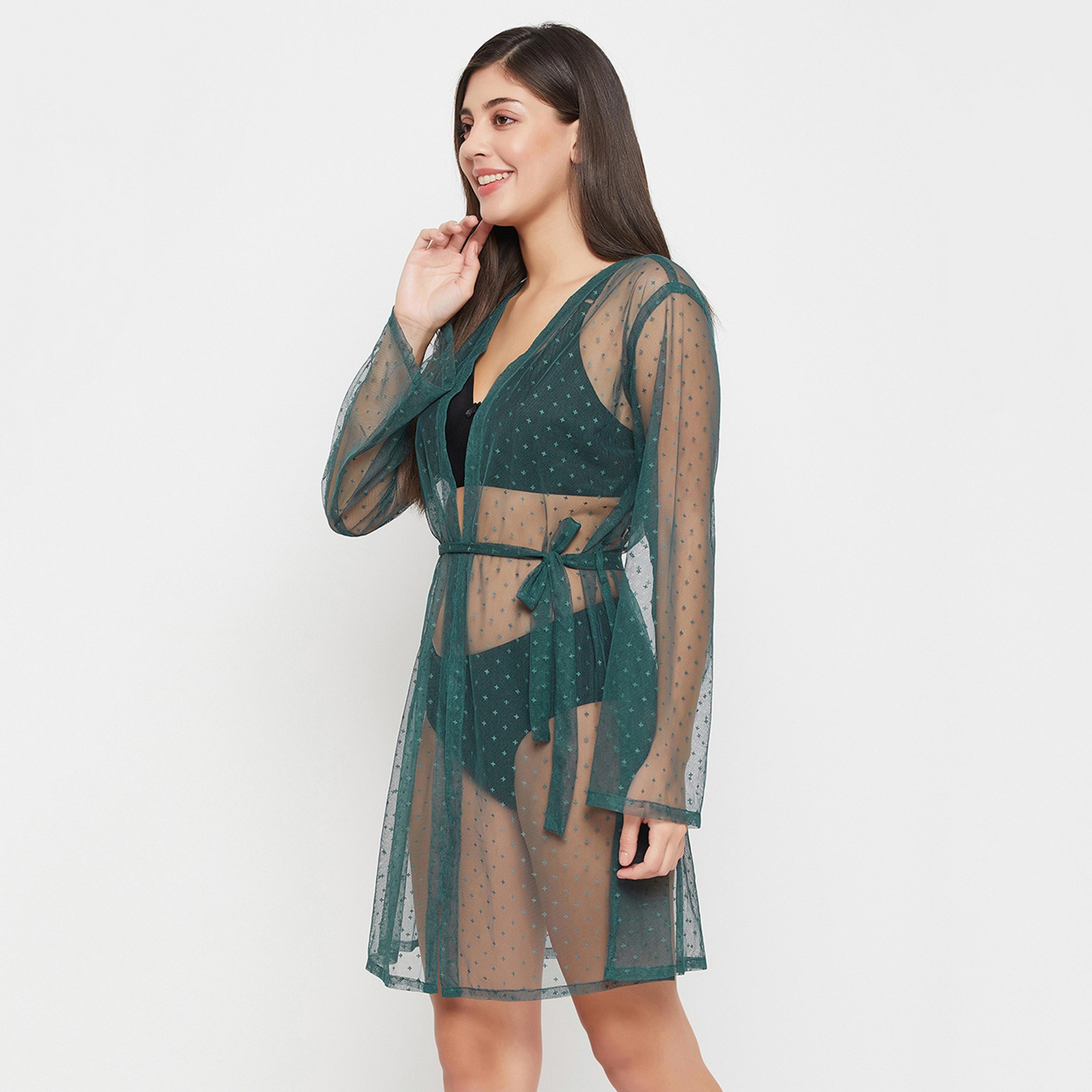 Clovia Chic Basic Sheer Women's Robe in Green-women-clothing-nightwear-robes-image-3