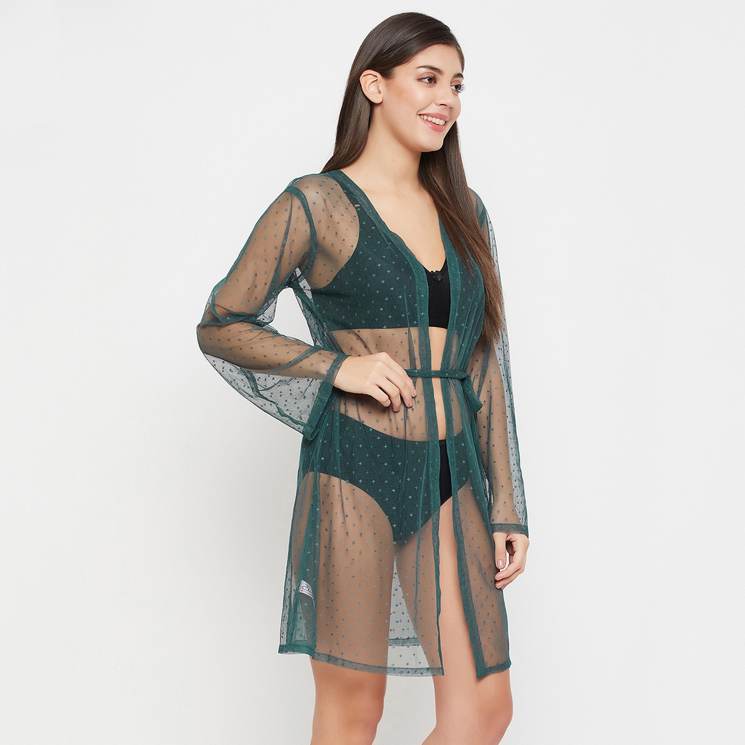 Clovia Chic Basic Sheer Women's Robe in Green-women-clothing-nightwear-robes-image-4