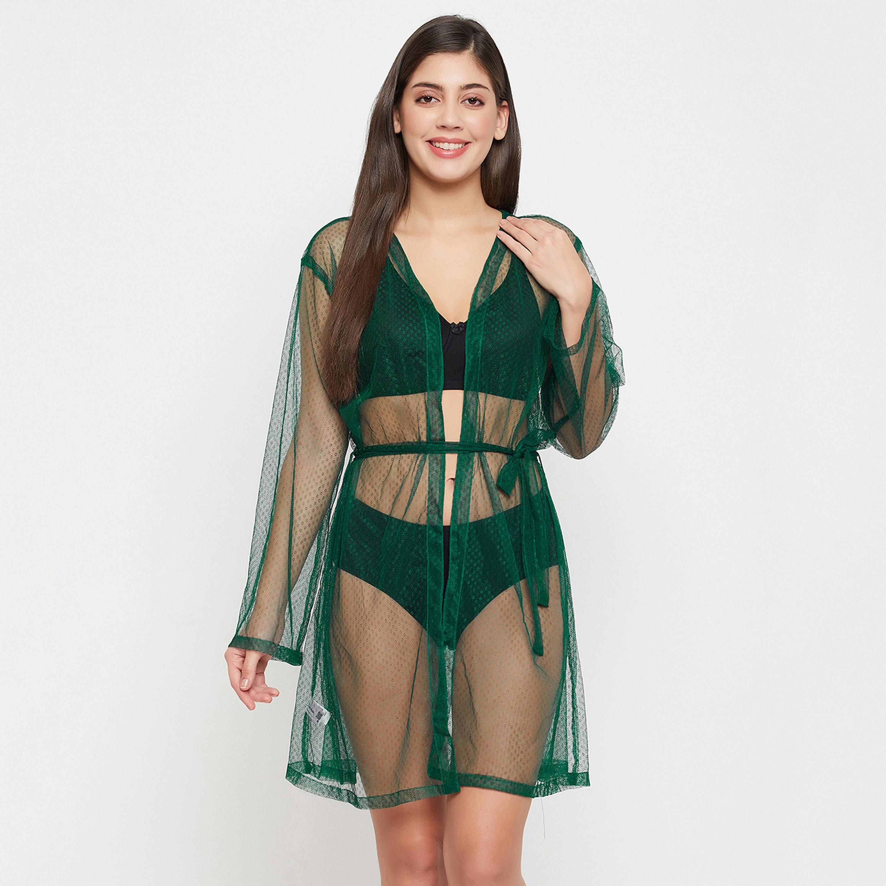 Clovia Chic Basic Sheer Women's Robe in Dark Green - Mesh-women-clothing-nightwear-robes-image-1