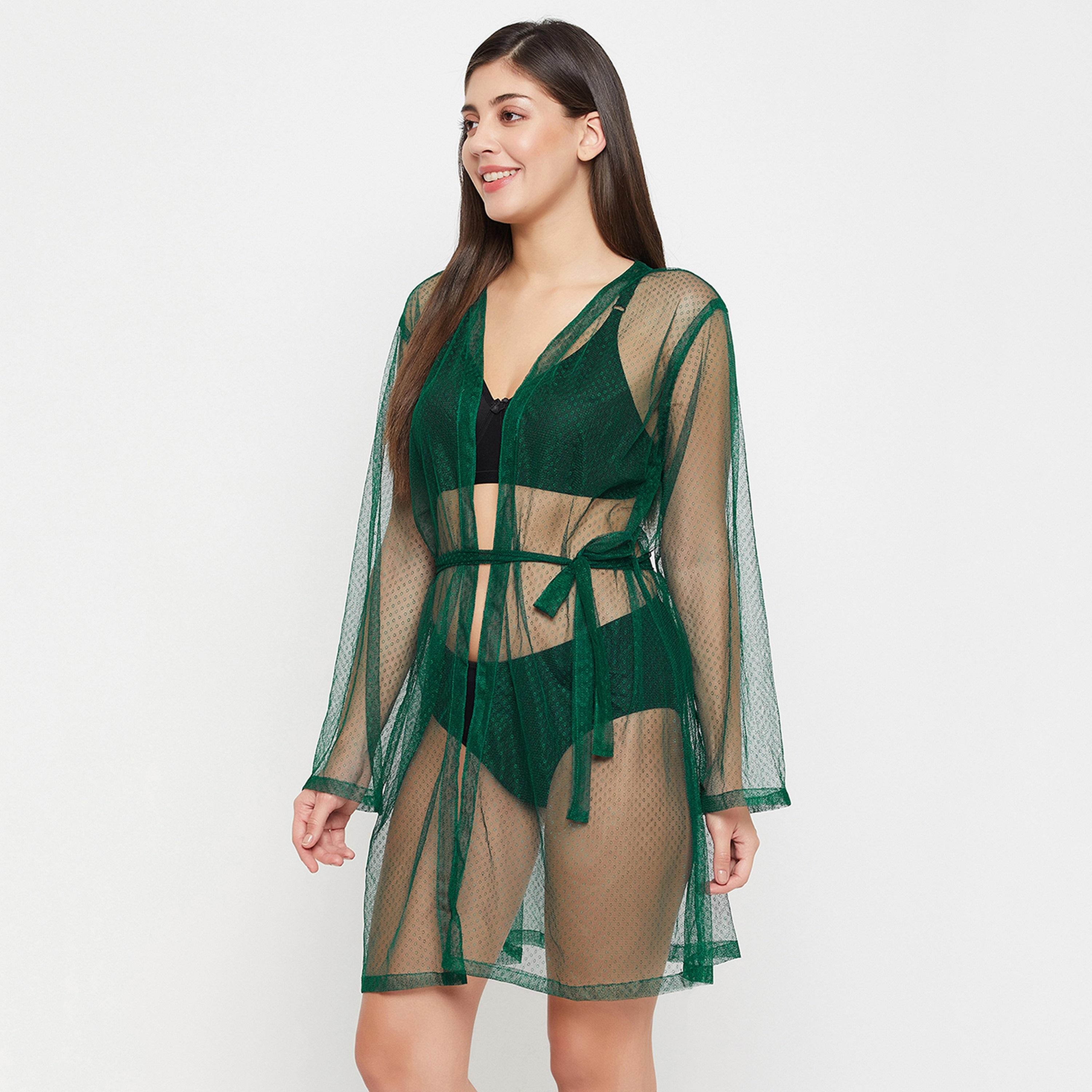 Clovia Chic Basic Sheer Women's Robe in Dark Green - Mesh-women-clothing-nightwear-robes-image-3
