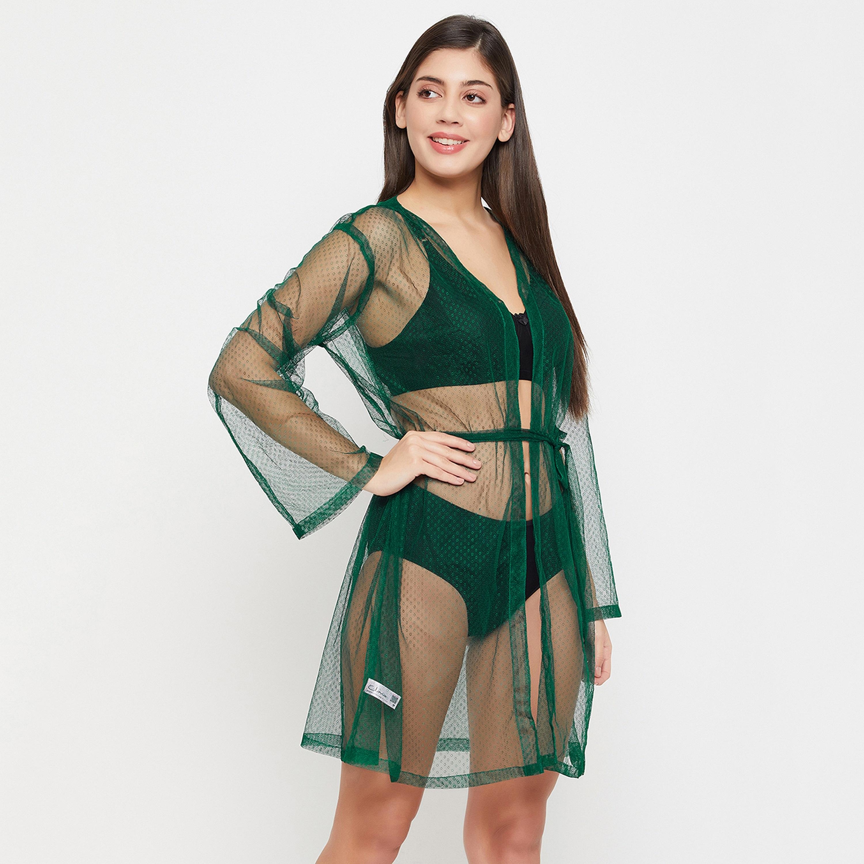 Clovia Chic Basic Sheer Women's Robe in Dark Green - Mesh-women-clothing-nightwear-robes-image-4