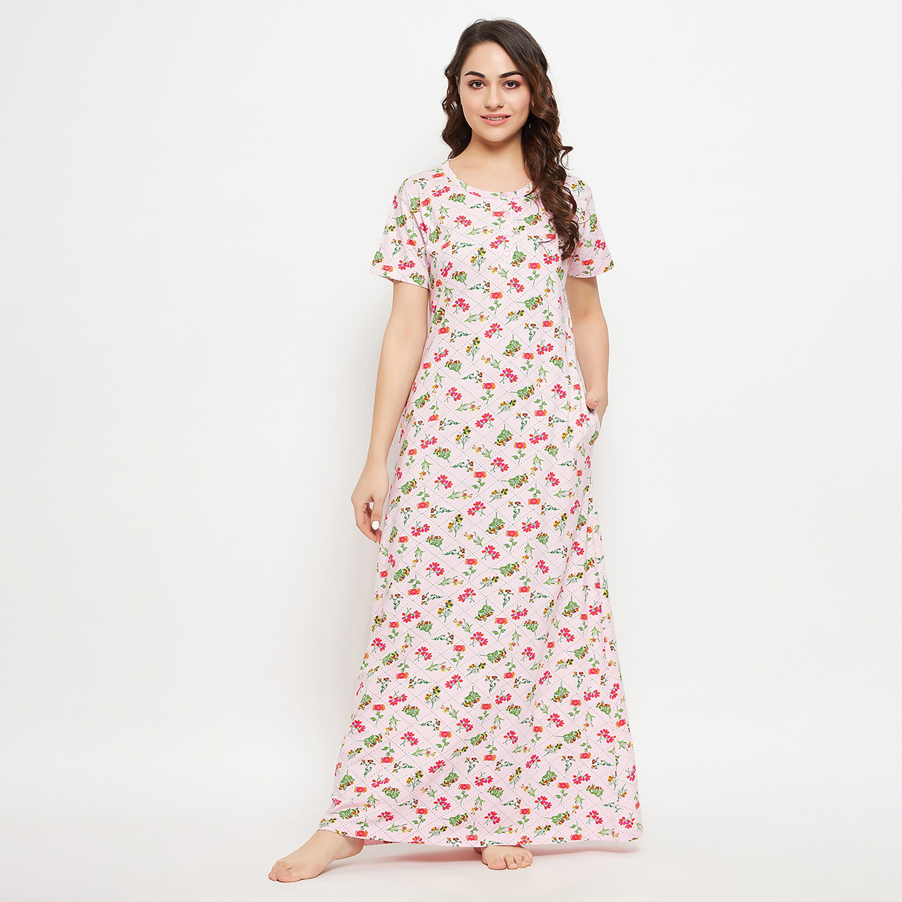 Clovia Pretty Florals Long Women's Night Dress in Pink - 100% Cotton-women-clothing-nightwear-nighties-image-1