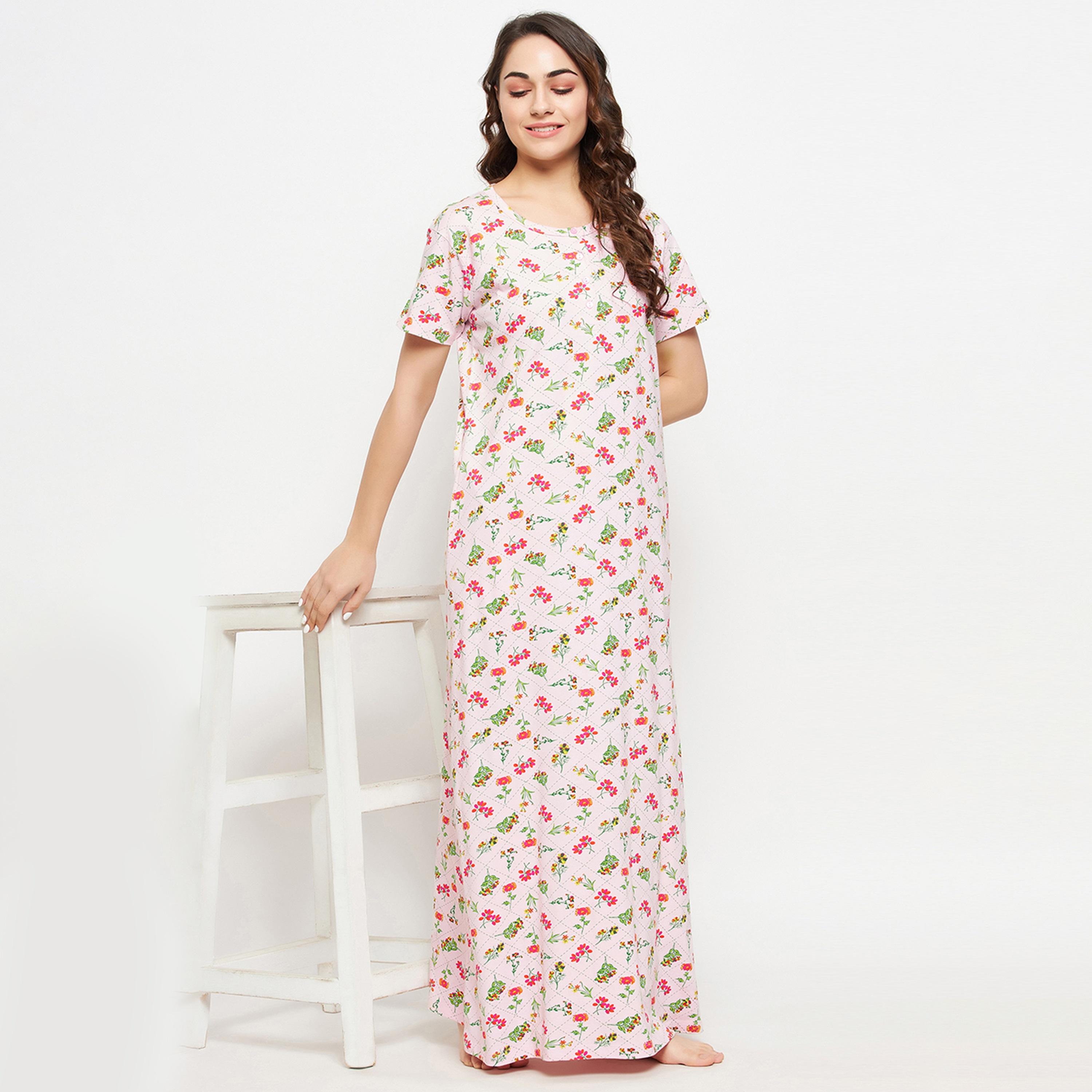 Clovia Pretty Florals Long Women's Night Dress in Pink - 100% Cotton-women-clothing-nightwear-nighties-image-2