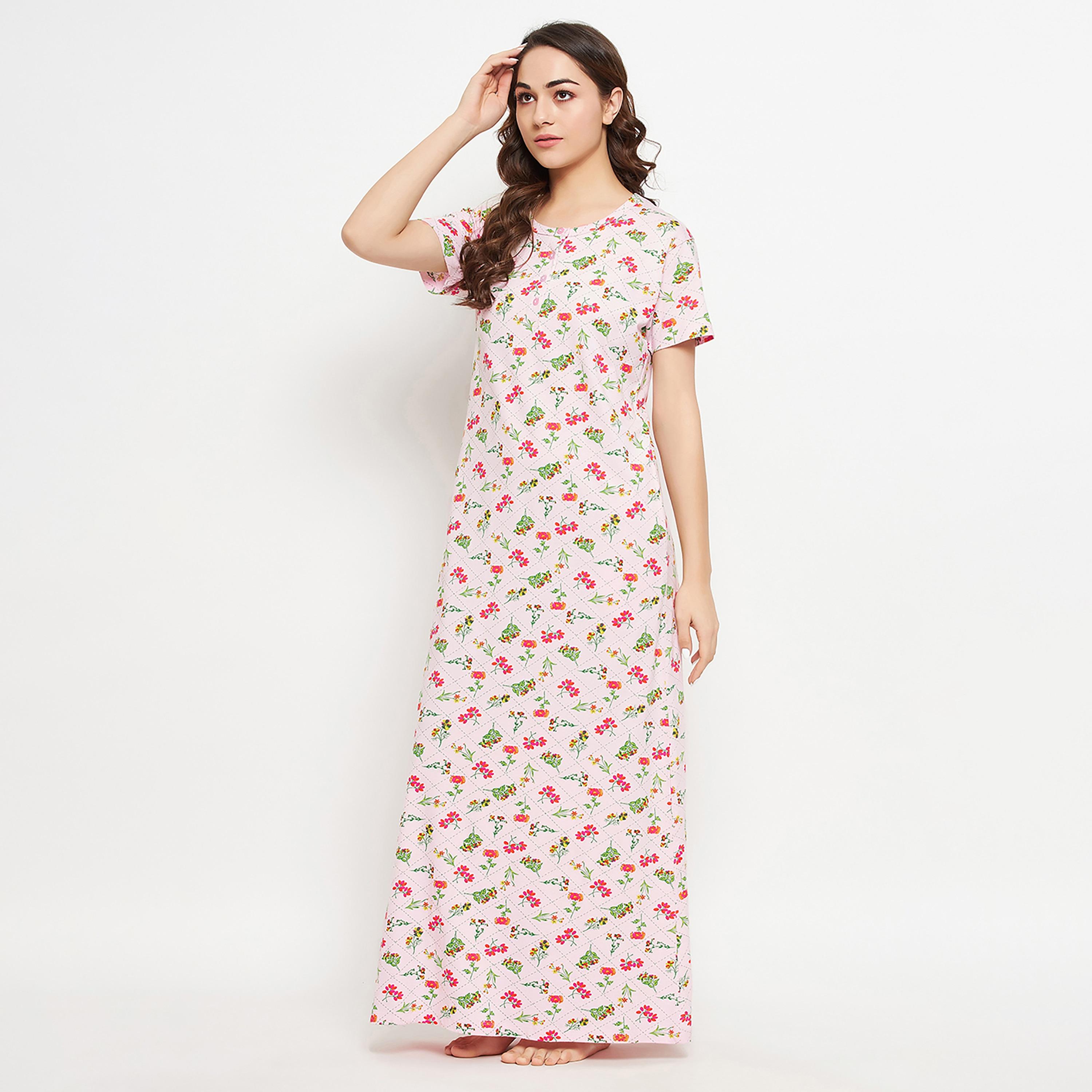 فستان نوم نسائي طويل من Clovia Pretty Florals باللون الوردي - 100% قطن-women-clothing-nightwear-nighties-image-3