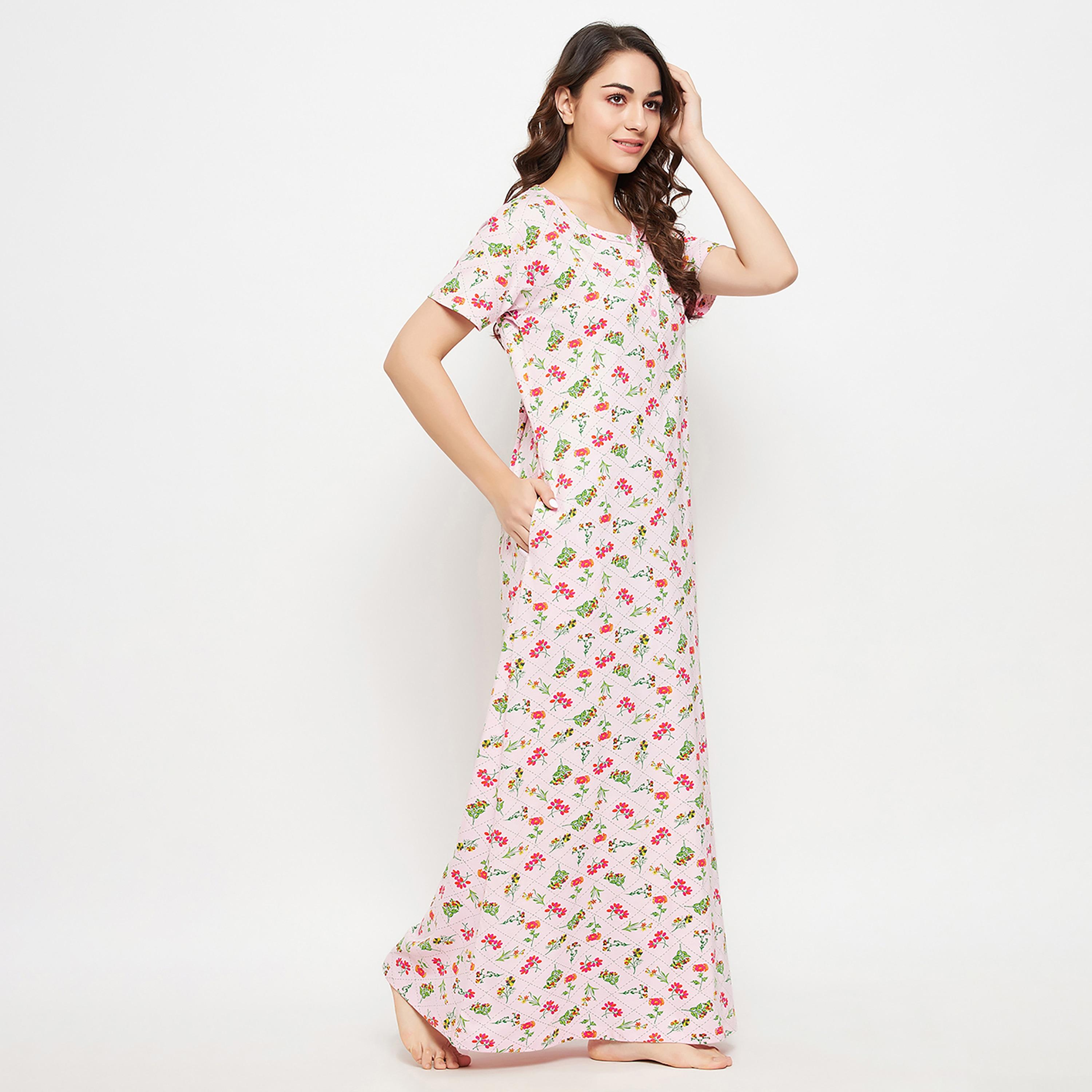 Clovia Pretty Florals Long Women's Night Dress in Pink - 100% Cotton-women-clothing-nightwear-nighties-image-4