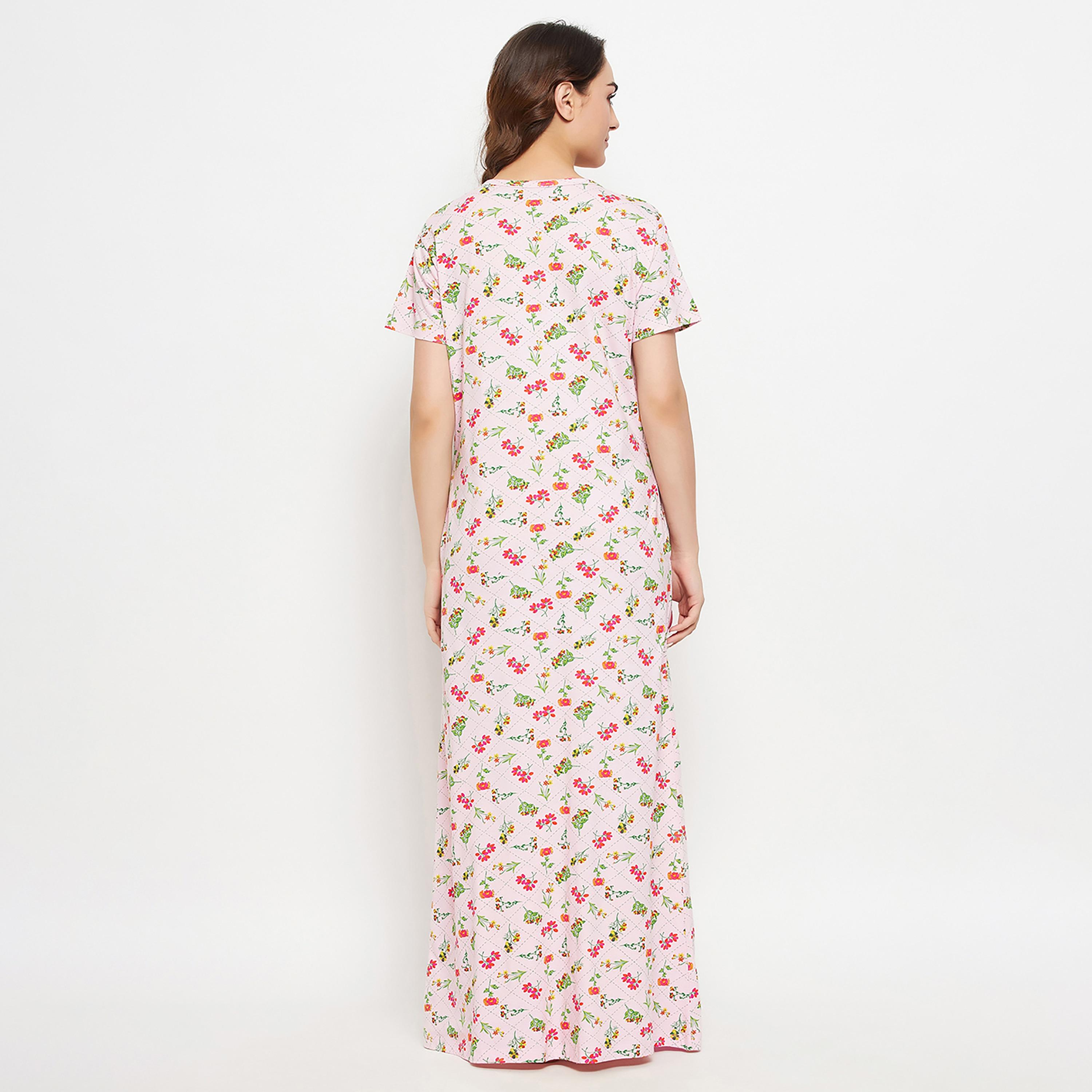 فستان نوم نسائي طويل من Clovia Pretty Florals باللون الوردي - 100% قطن-women-clothing-nightwear-nighties-image-5