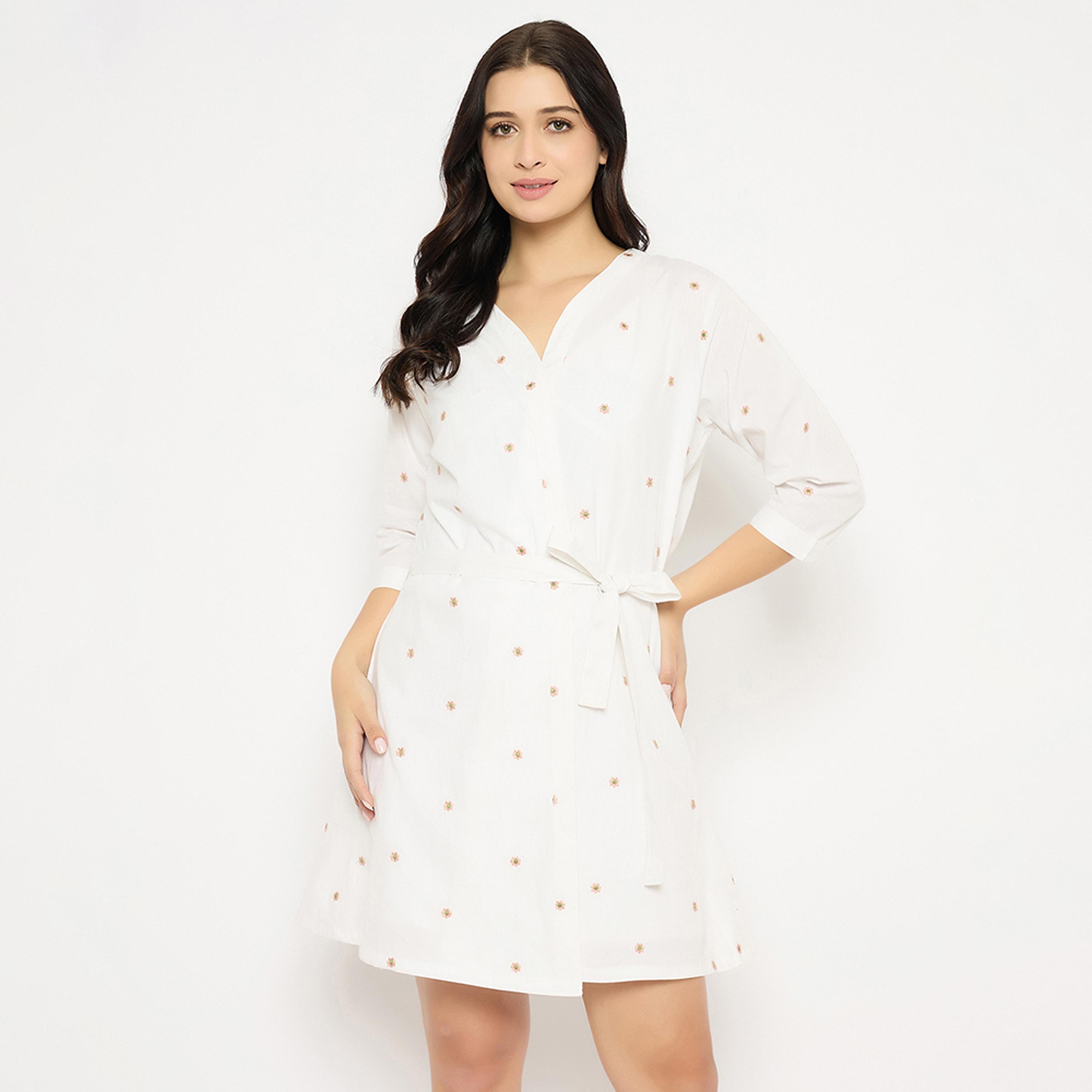 Clovia Floral Embroidery Short Women's Night Dress & Robe Set in White - 100% Cotton-women-clothing-nightwear-robes-image-1