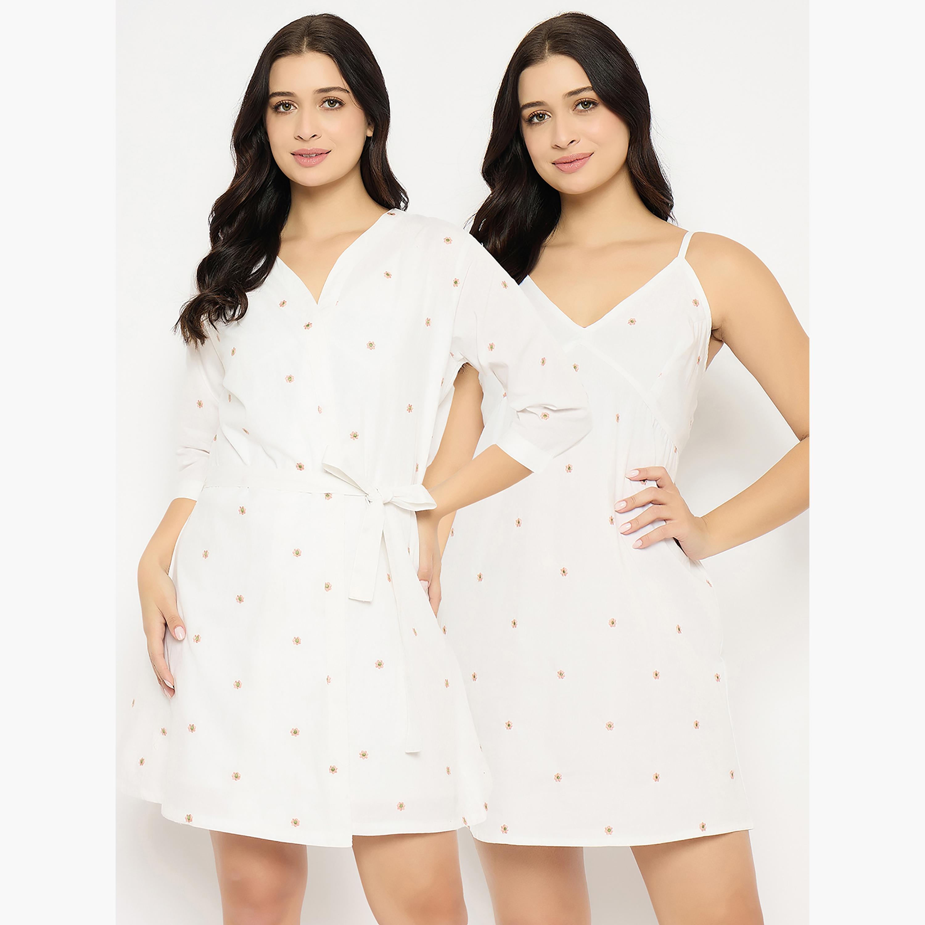 Clovia Floral Embroidery Short Women's Night Dress & Robe Set in White - 100% Cotton-women-clothing-nightwear-robes-image-7