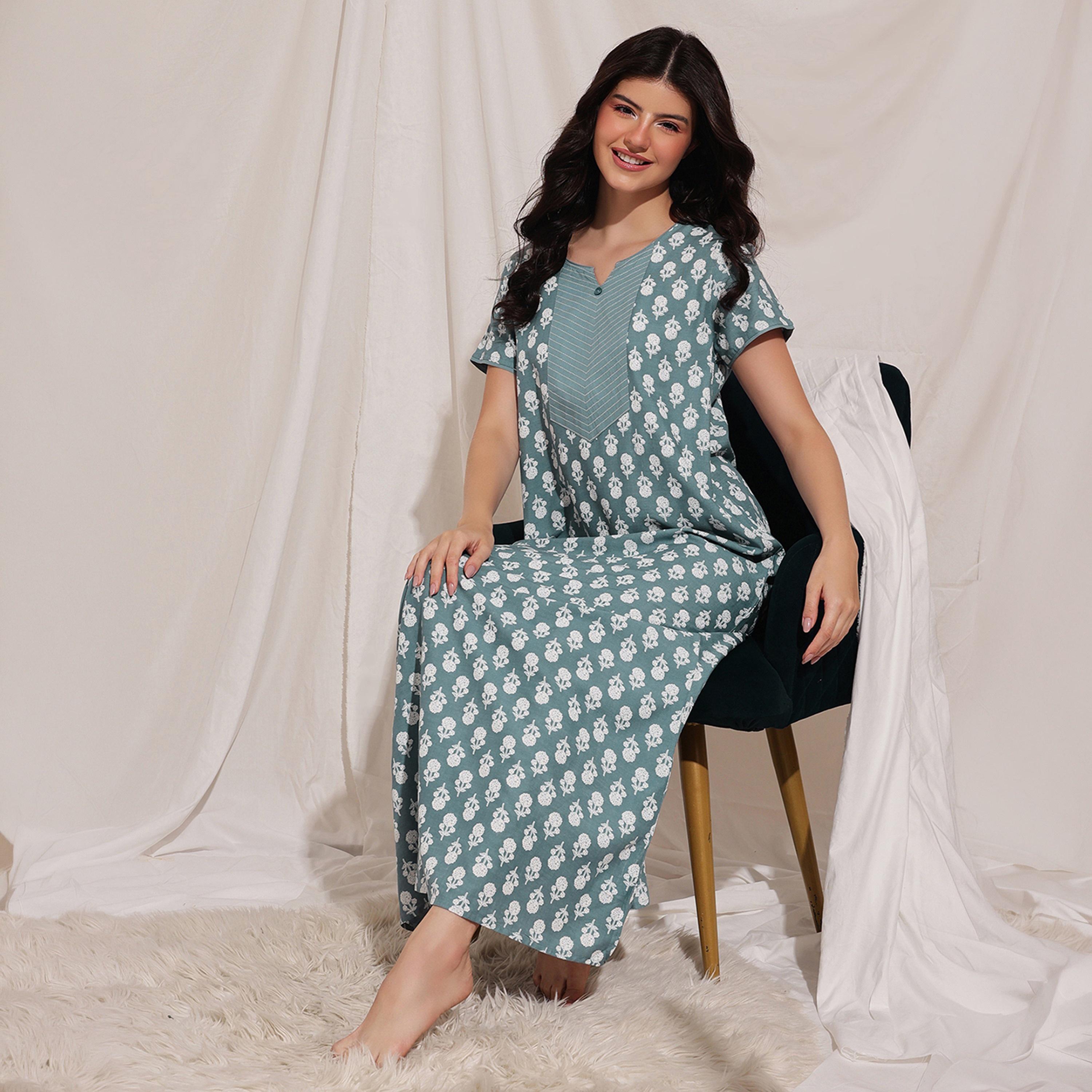 Clovia Floral Print Long Women's Nighty in Light Grey - Rayon-women-clothing-nightwear-nighties-image-1