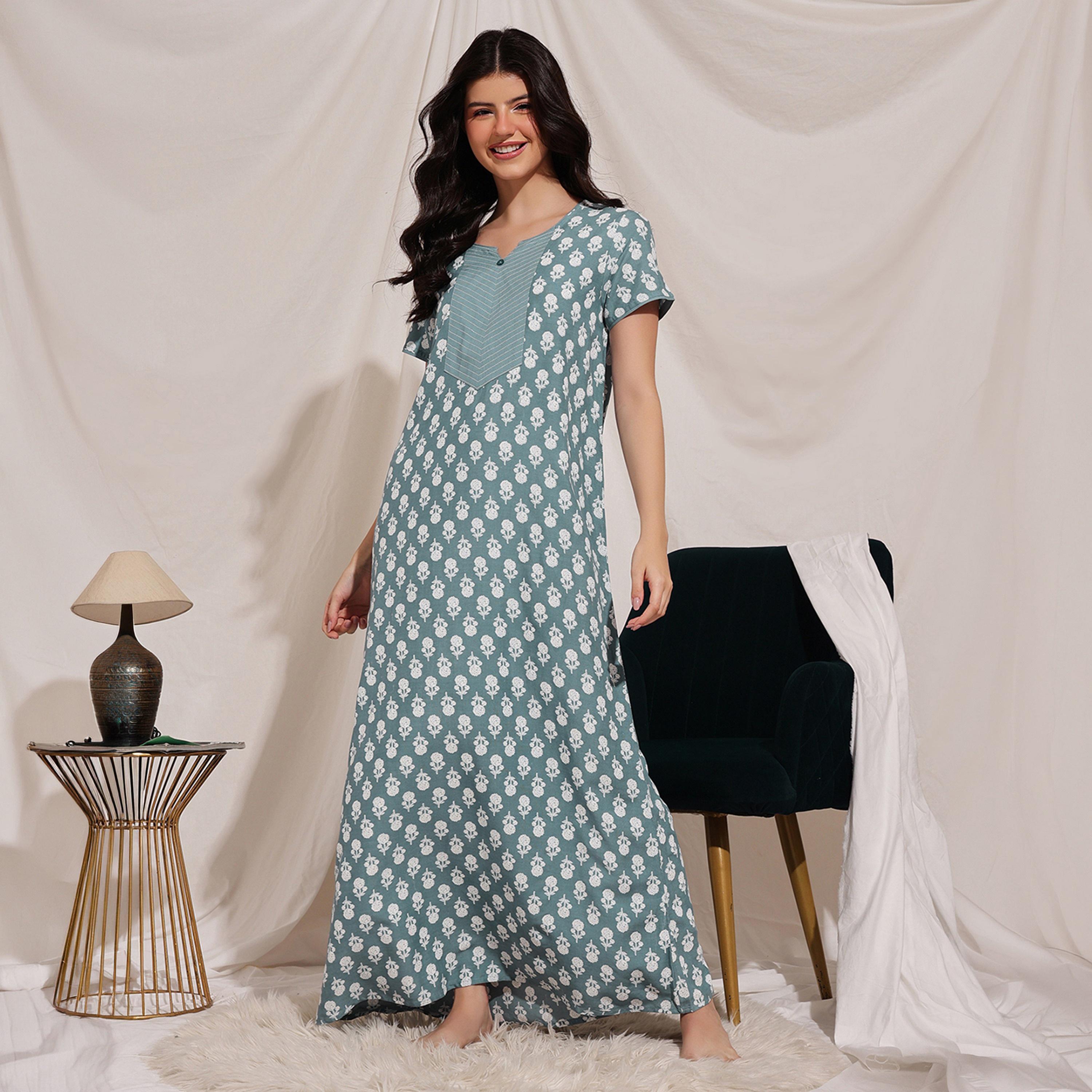 Clovia Floral Print Long Women's Nighty in Light Grey - Rayon-women-clothing-nightwear-nighties-image-2