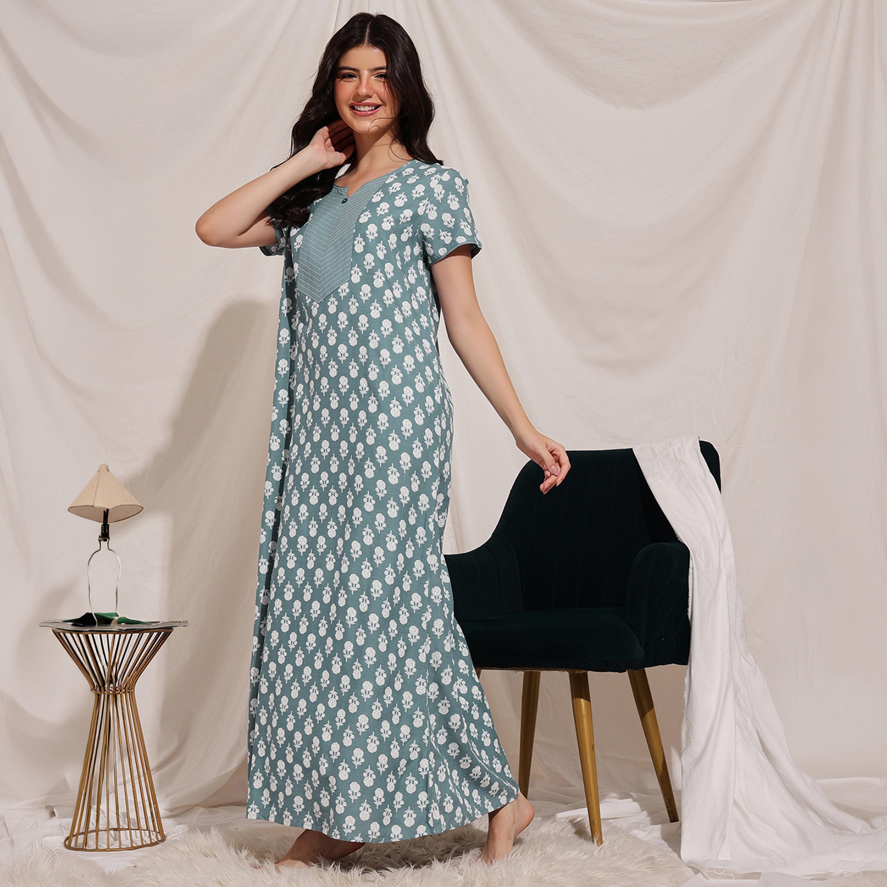 Clovia Floral Print Long Women's Nighty in Light Grey - Rayon-women-clothing-nightwear-nighties-image-3