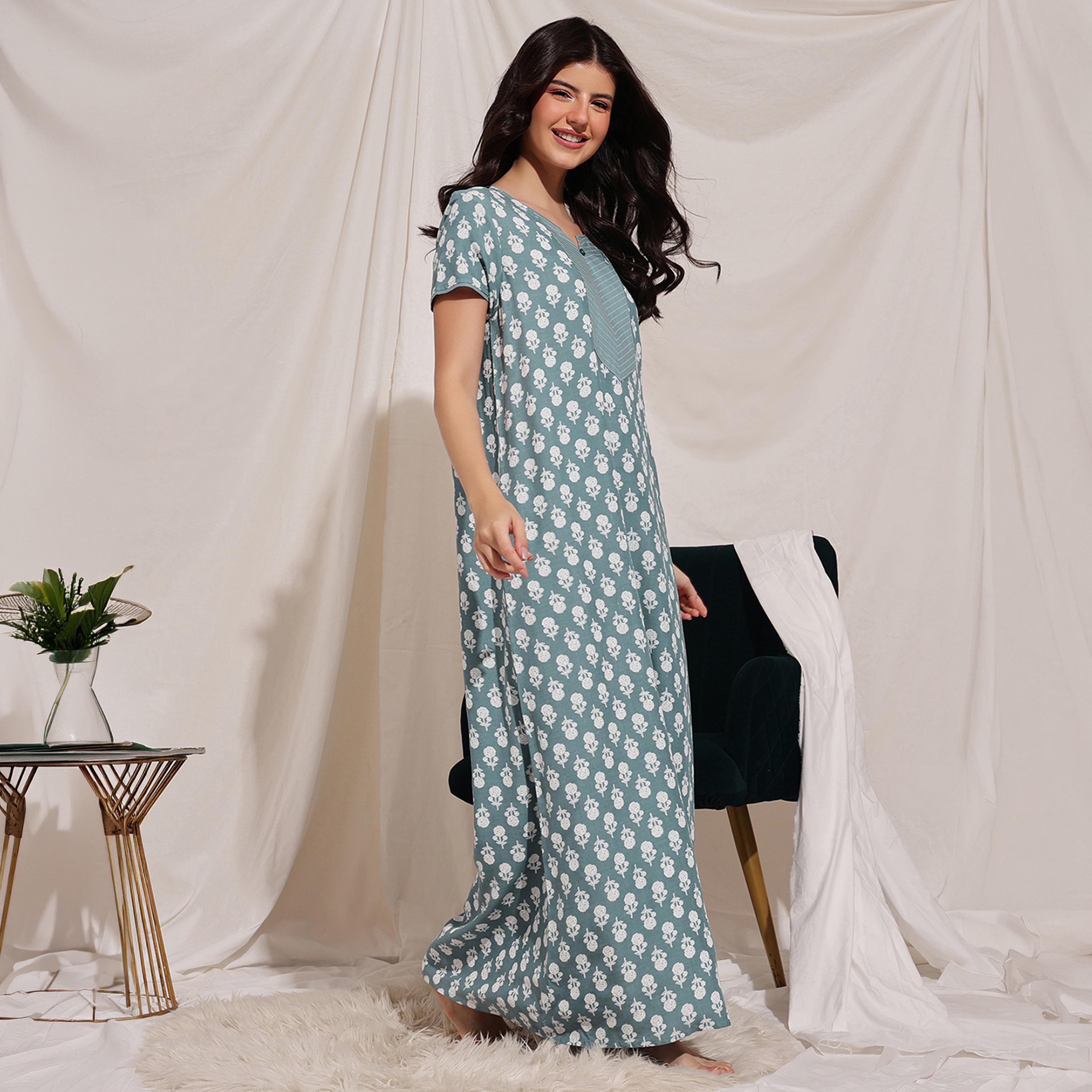 Clovia Floral Print Long Women's Nighty in Light Grey - Rayon-women-clothing-nightwear-nighties-image-4