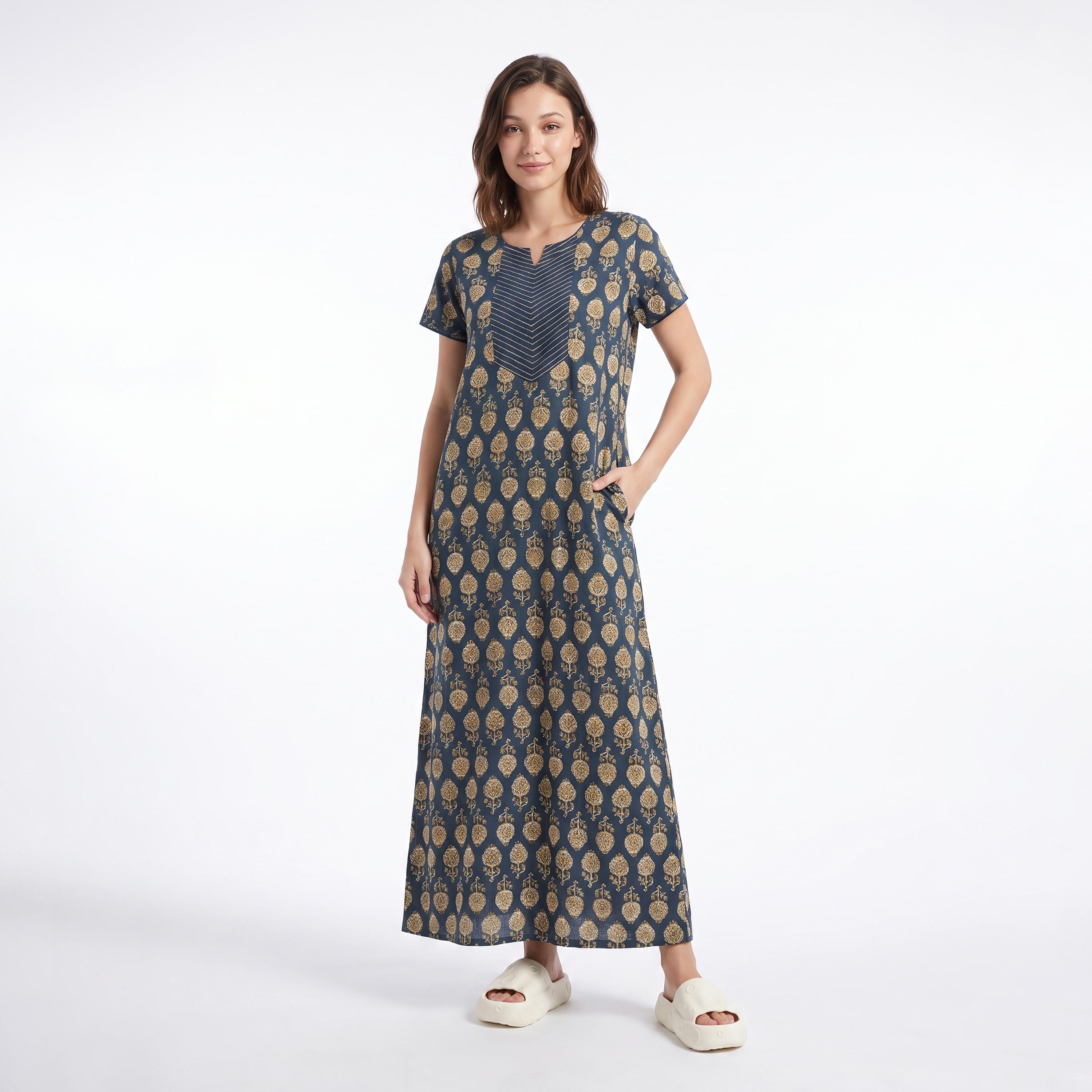 Clovia Floral Print Long Women's Nighty in Navy Colour - Rayon-women-clothing-nightwear-nighties-image-1