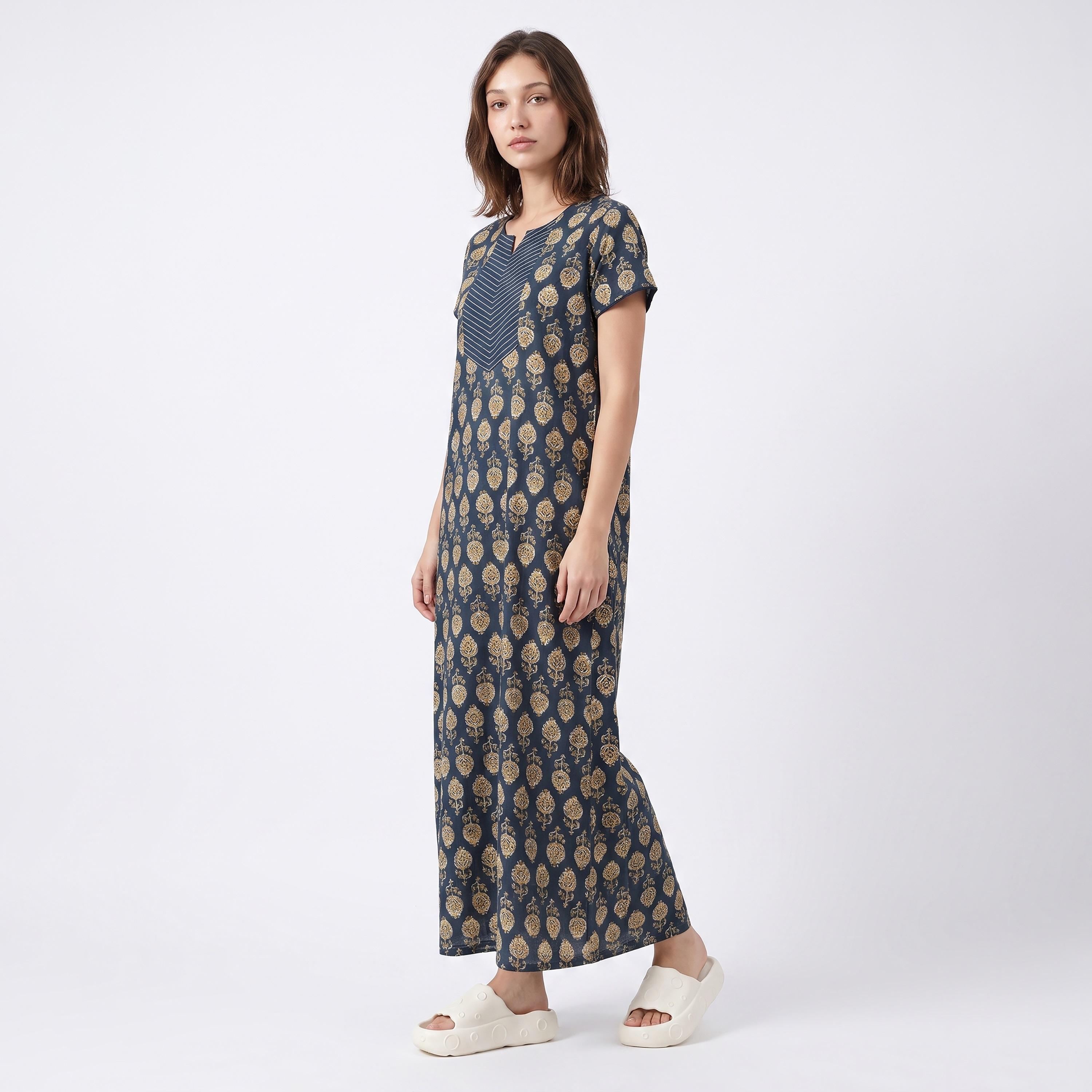 Clovia Floral Print Long Women's Nighty in Navy Colour - Rayon-women-clothing-nightwear-nighties-image-2
