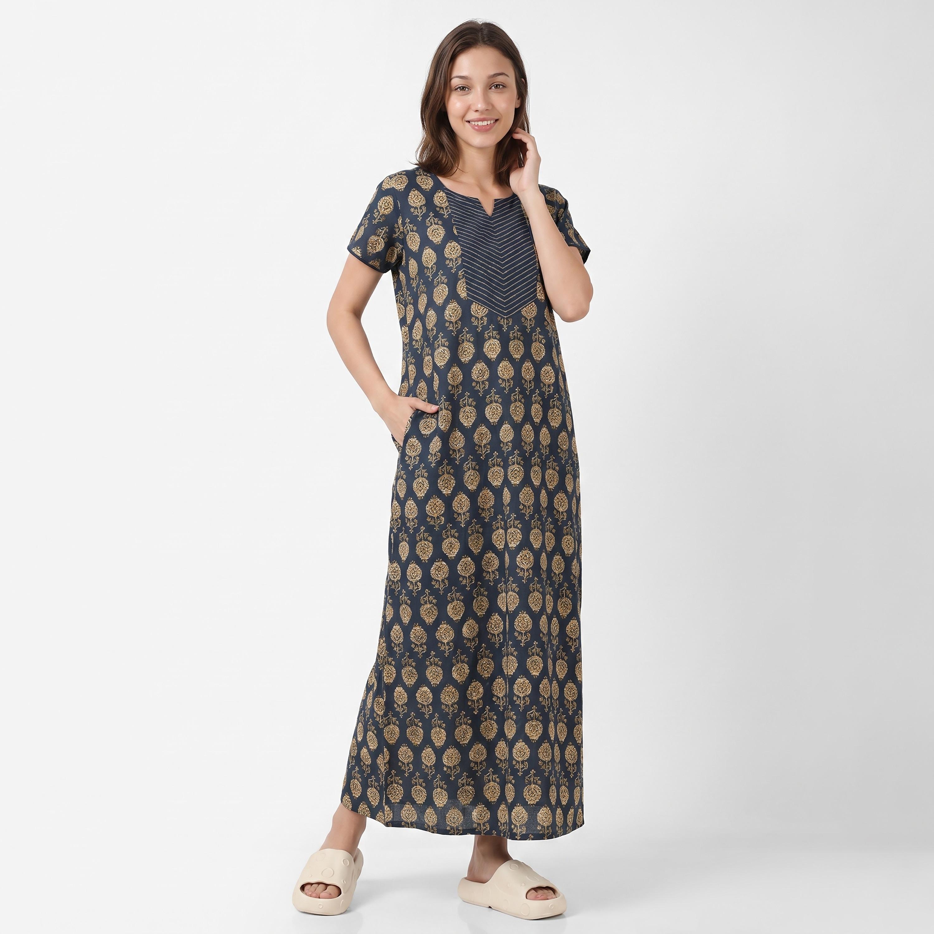 Clovia Floral Print Long Women's Nighty in Navy Colour - Rayon-women-clothing-nightwear-nighties-image-3