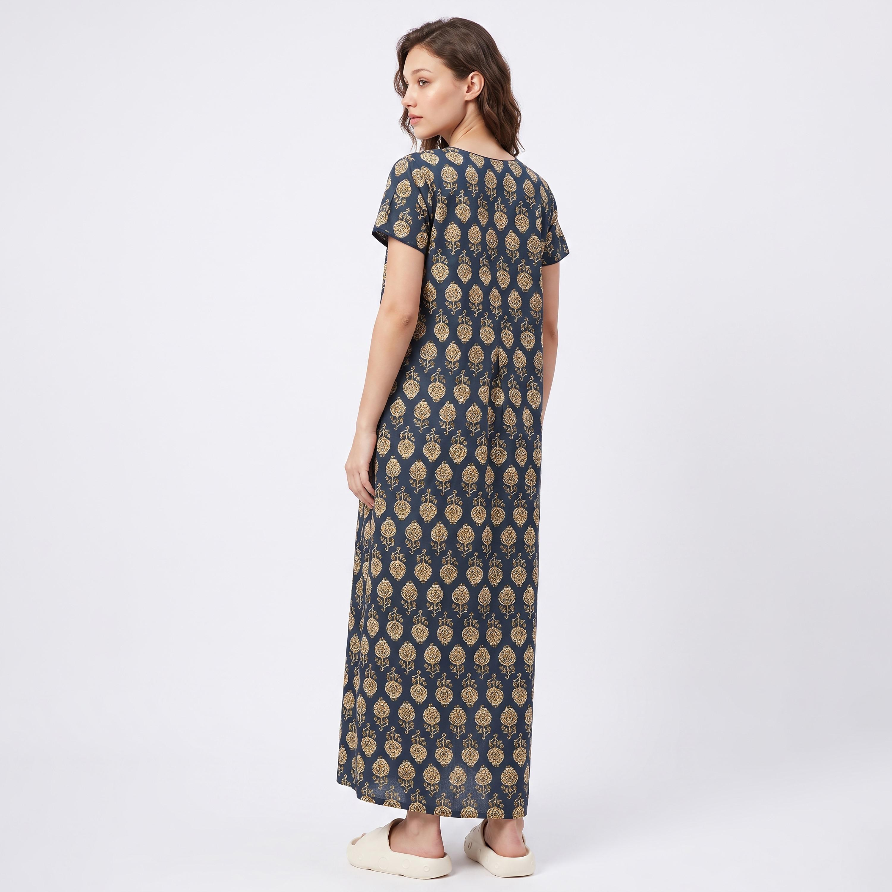 Clovia Floral Print Long Women's Nighty in Navy Colour - Rayon-women-clothing-nightwear-nighties-image-4