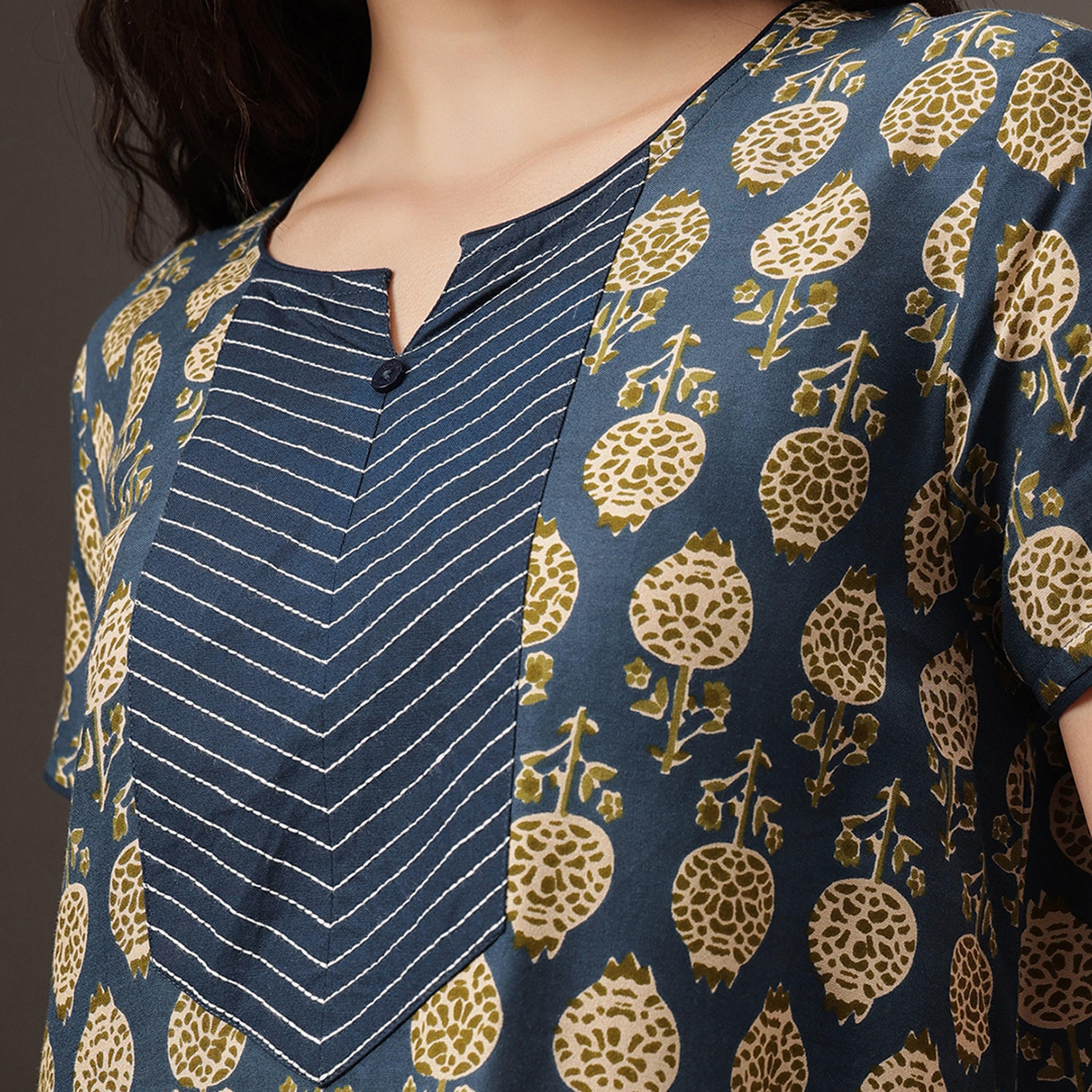 Clovia Floral Print Long Women's Nighty in Navy Colour - Rayon-women-clothing-nightwear-nighties-image-5