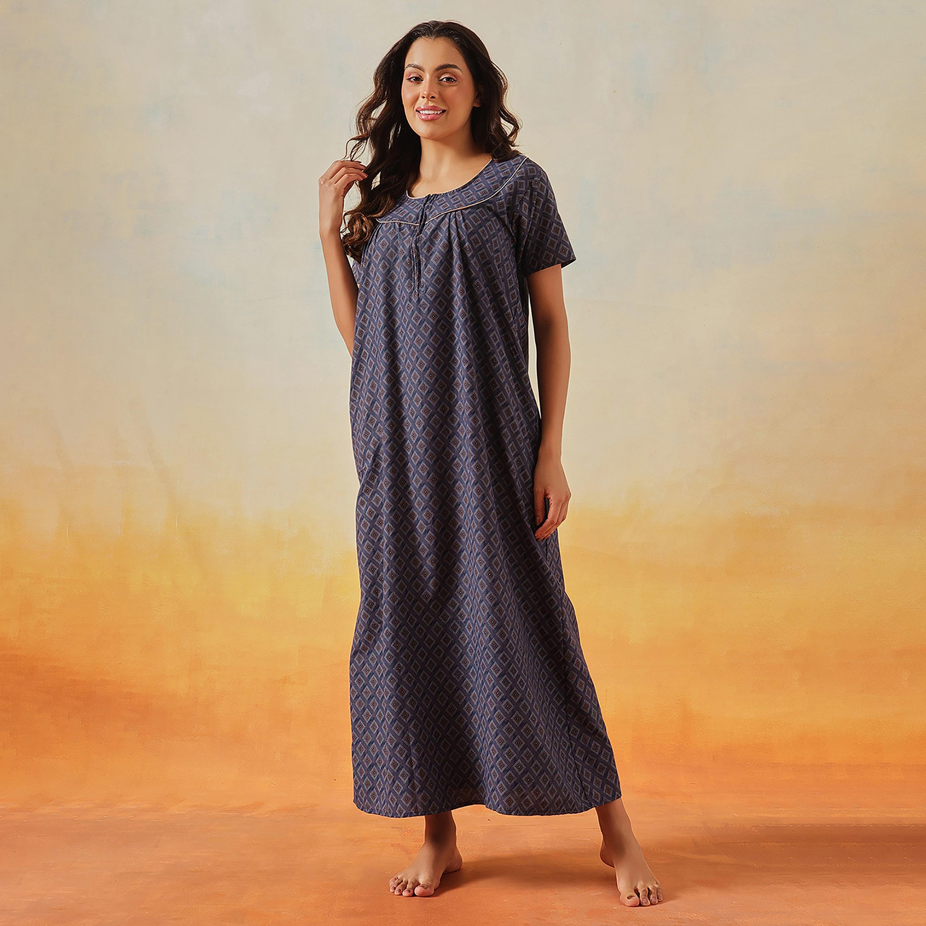Clovia Geometric Print Long Women's Nighty in Navy Colour - Cotton-women-clothing-nightwear-nighties-image-1