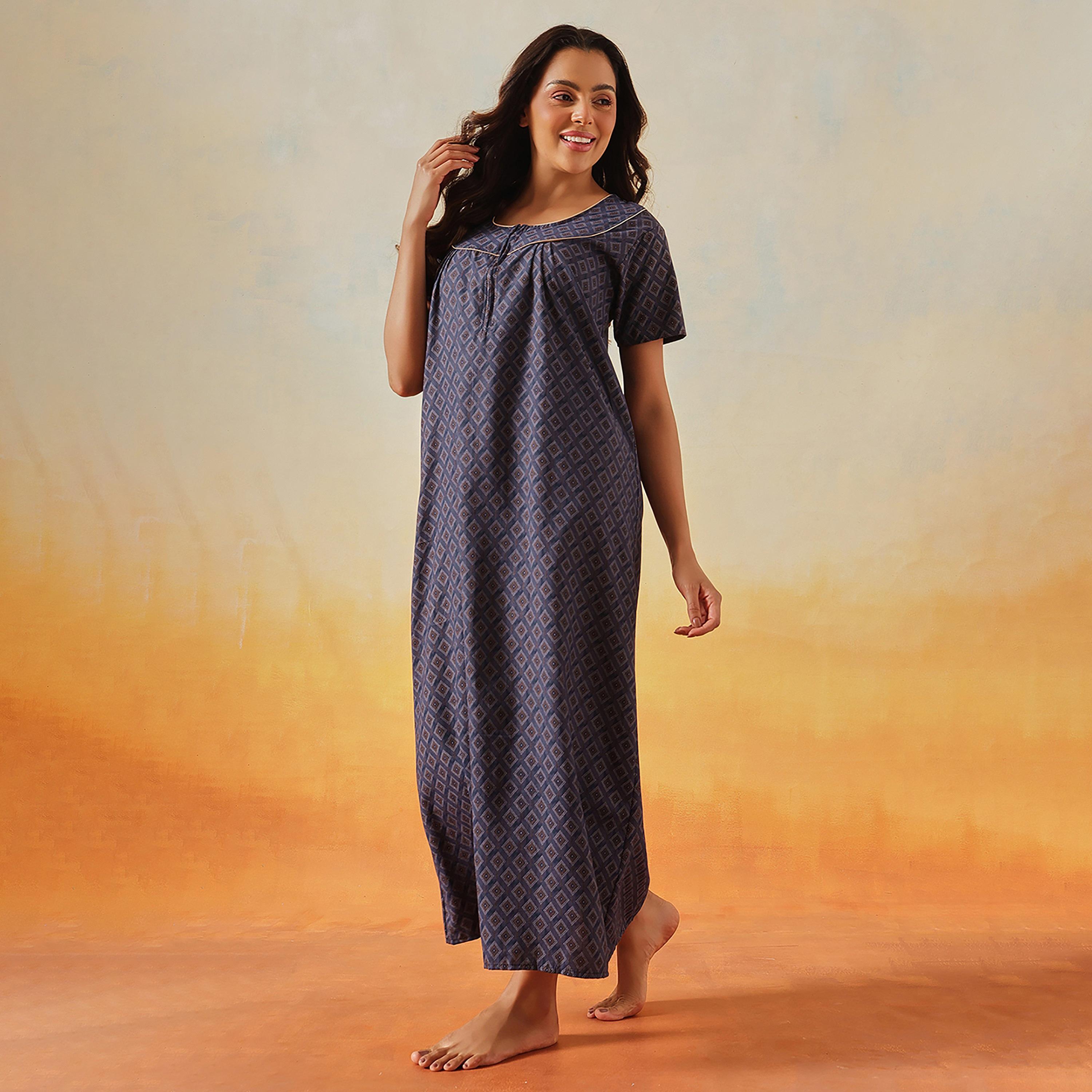 Clovia Geometric Print Long Women's Nighty in Navy Colour - Cotton-women-clothing-nightwear-nighties-image-2