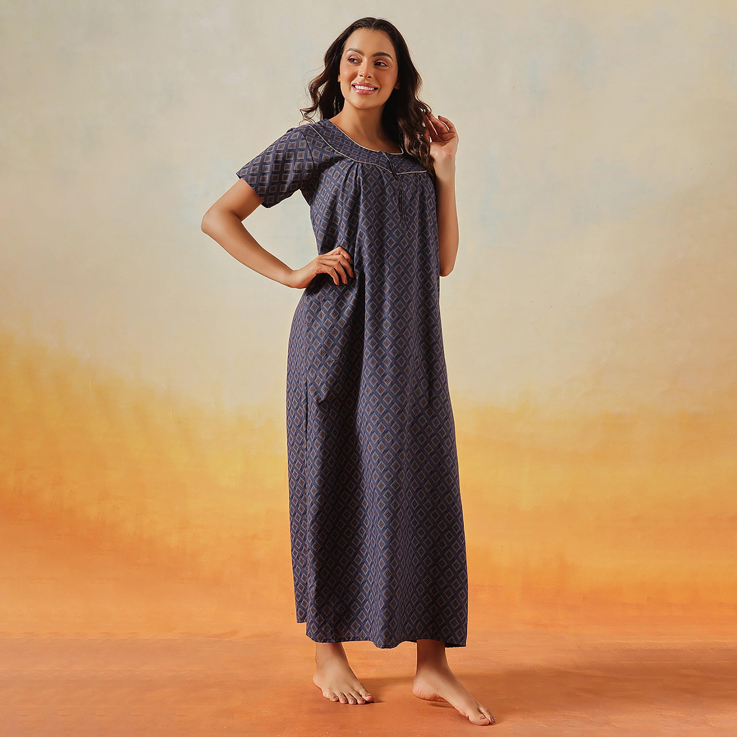 Clovia Geometric Print Long Women's Nighty in Navy Colour - Cotton-women-clothing-nightwear-nighties-image-3