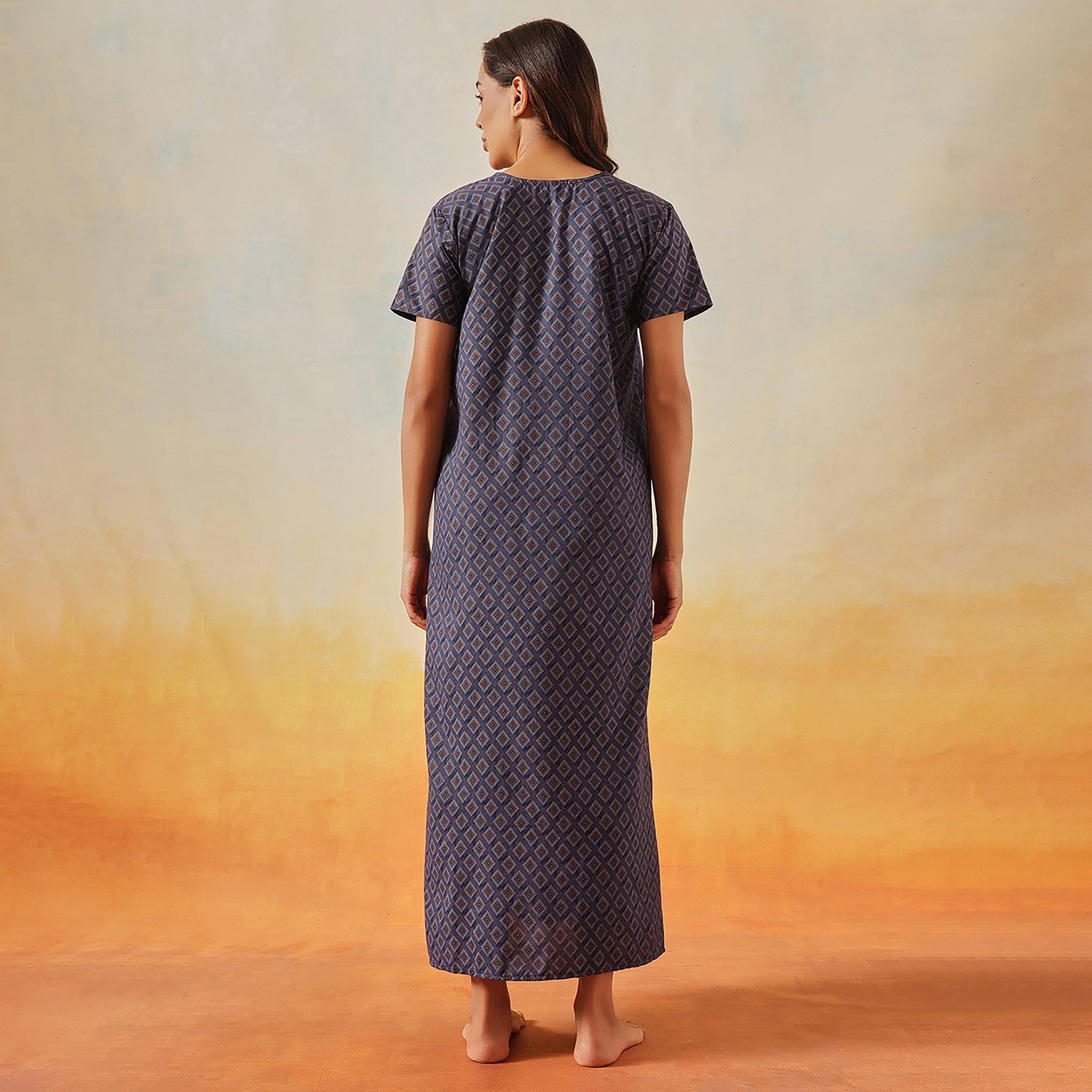 Clovia Geometric Print Long Women's Nighty in Navy Colour - Cotton-women-clothing-nightwear-nighties-image-4