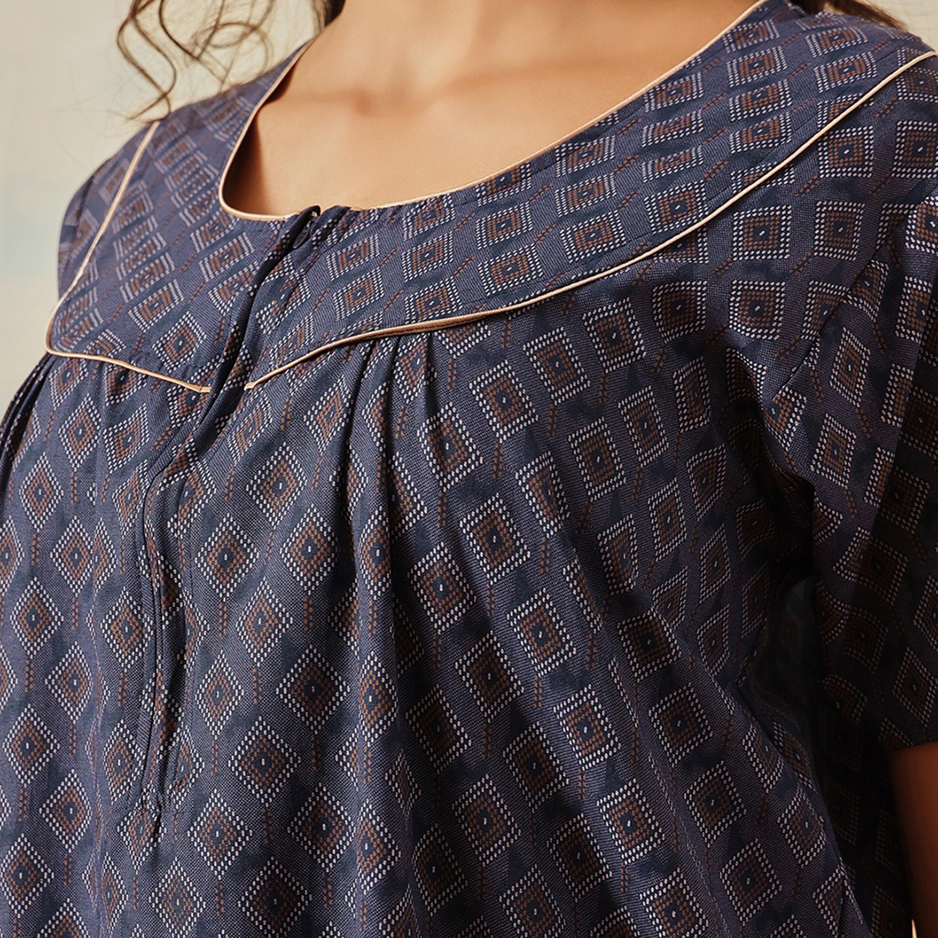 Clovia Geometric Print Long Women's Nighty in Navy Colour - Cotton-women-clothing-nightwear-nighties-image-5