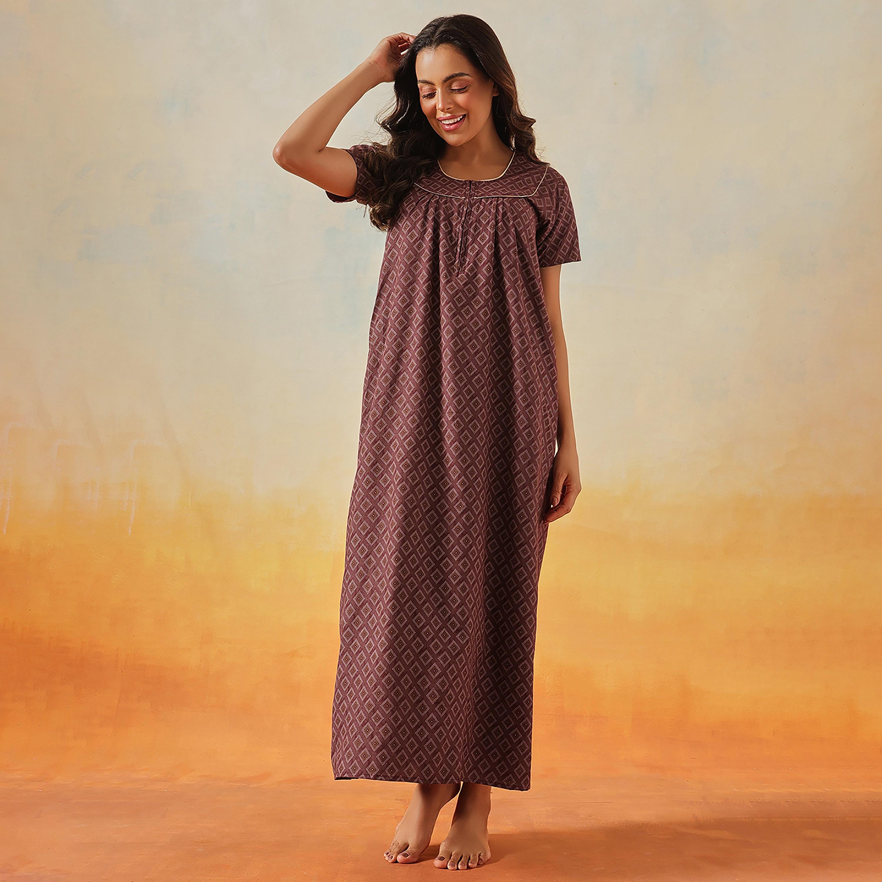 Clovia Geometric Print Long Women's Nighty in Maroon - Cotton-women-clothing-nightwear-nighties-image-1