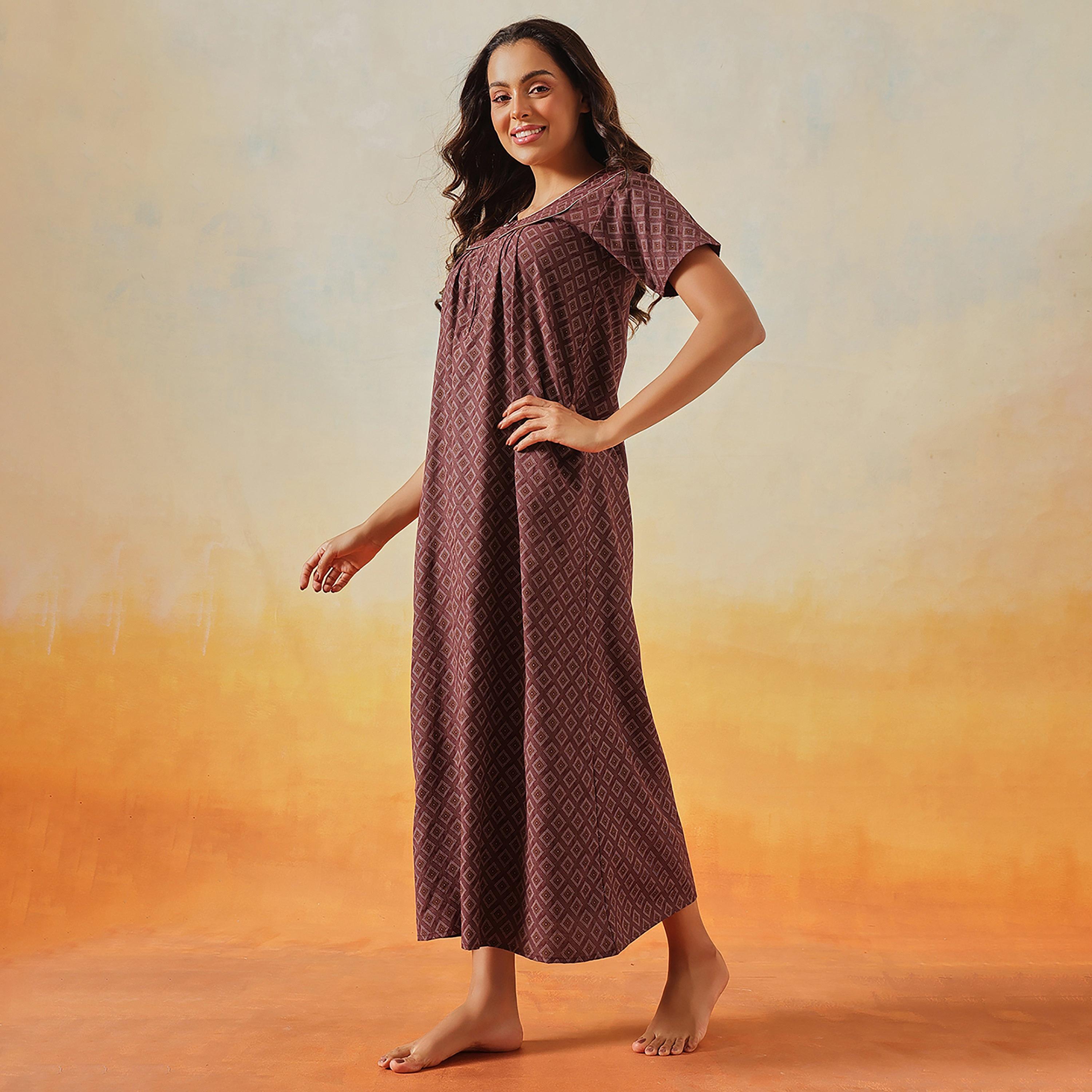 Clovia Geometric Print Long Women's Nighty in Maroon - Cotton-women-clothing-nightwear-nighties-image-3