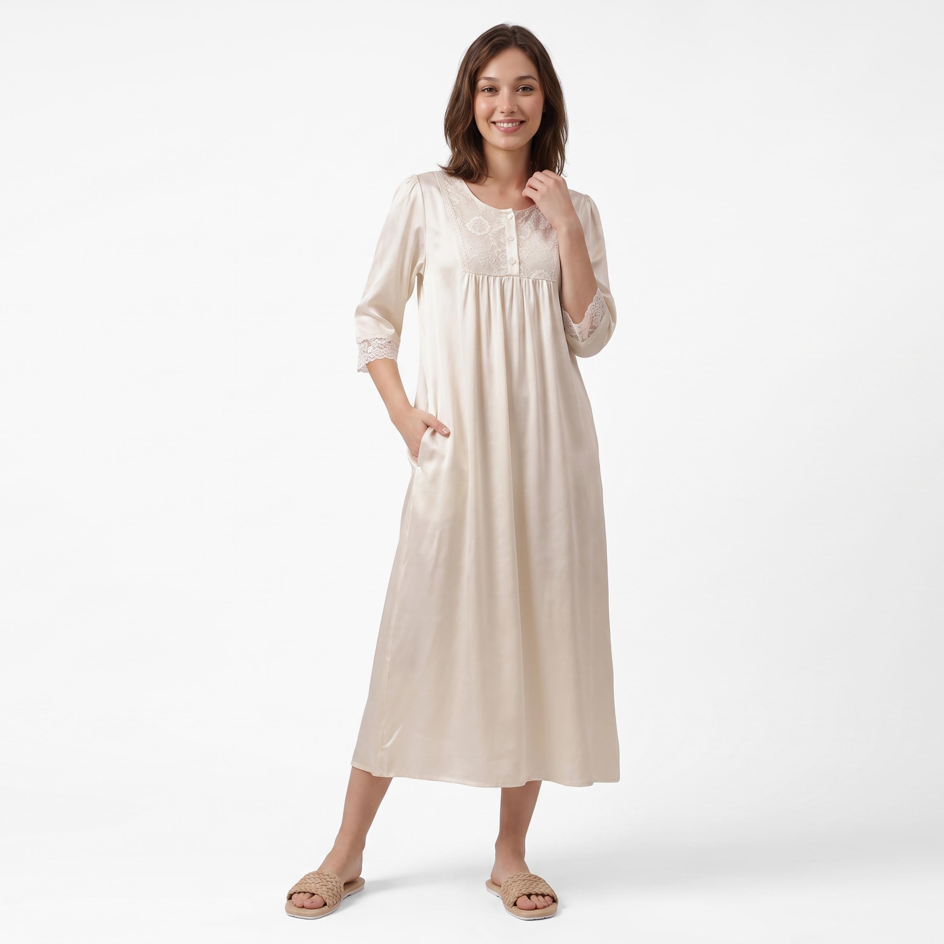 قميص نوم طويل (نايتي) أنيق من الساتان باللون الأبيض للنساء من كلوفيا-women-clothing-nightwear-nighties-image-2
