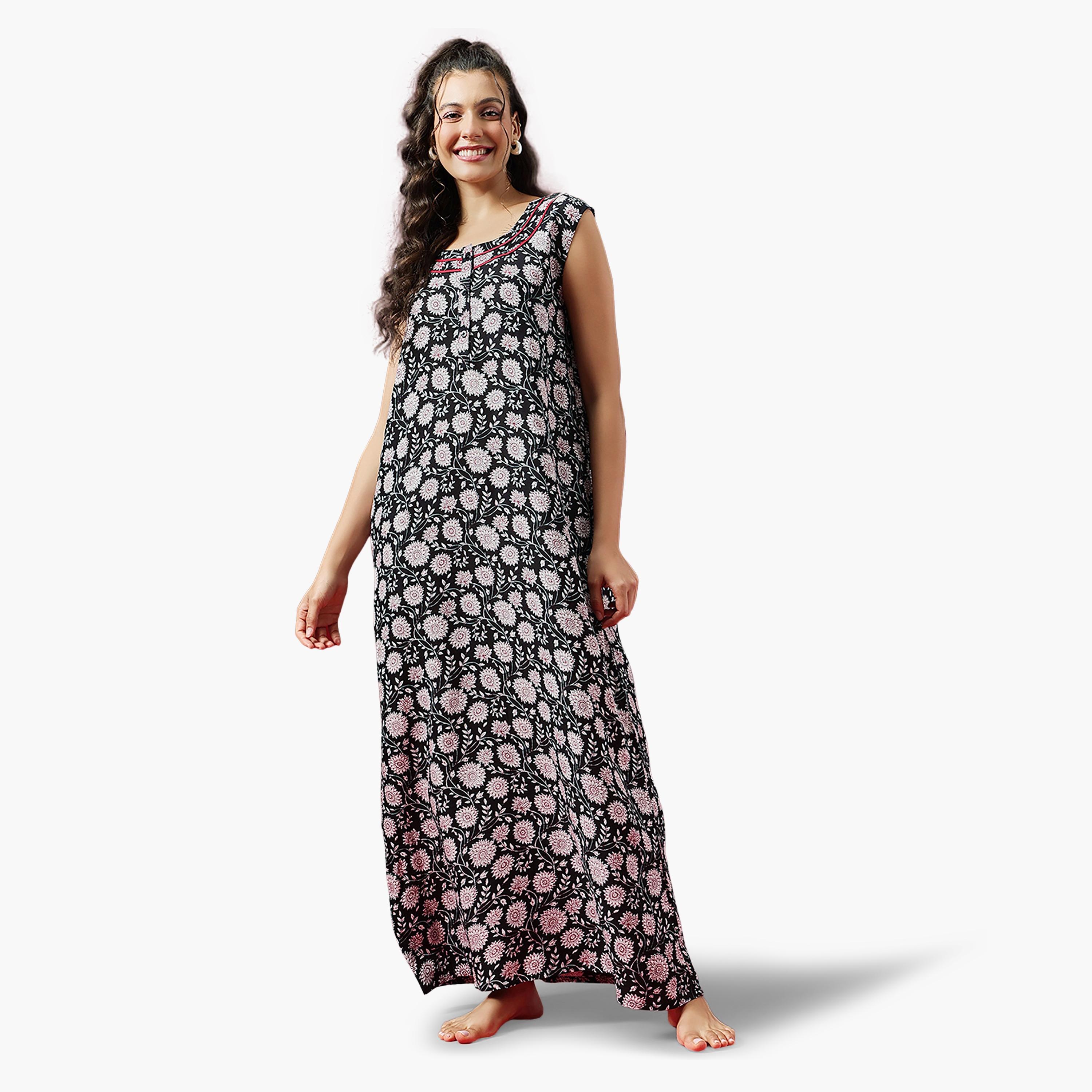 Clovia Floral Print Long Women's Nighty in Black - Rayon-women-clothing-nightwear-nighties-image-1