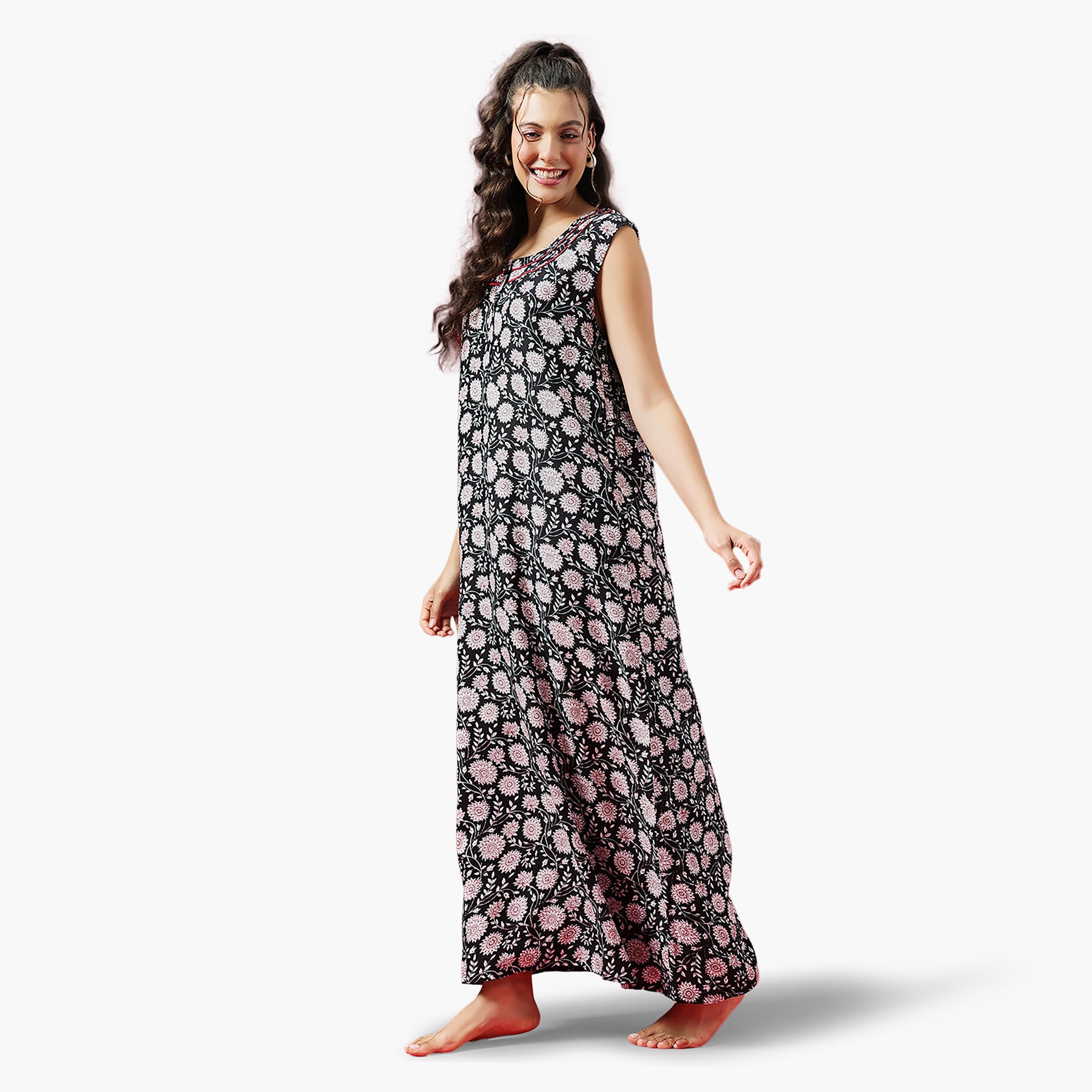 Clovia Floral Print Long Women's Nighty in Black - Rayon-women-clothing-nightwear-nighties-image-2