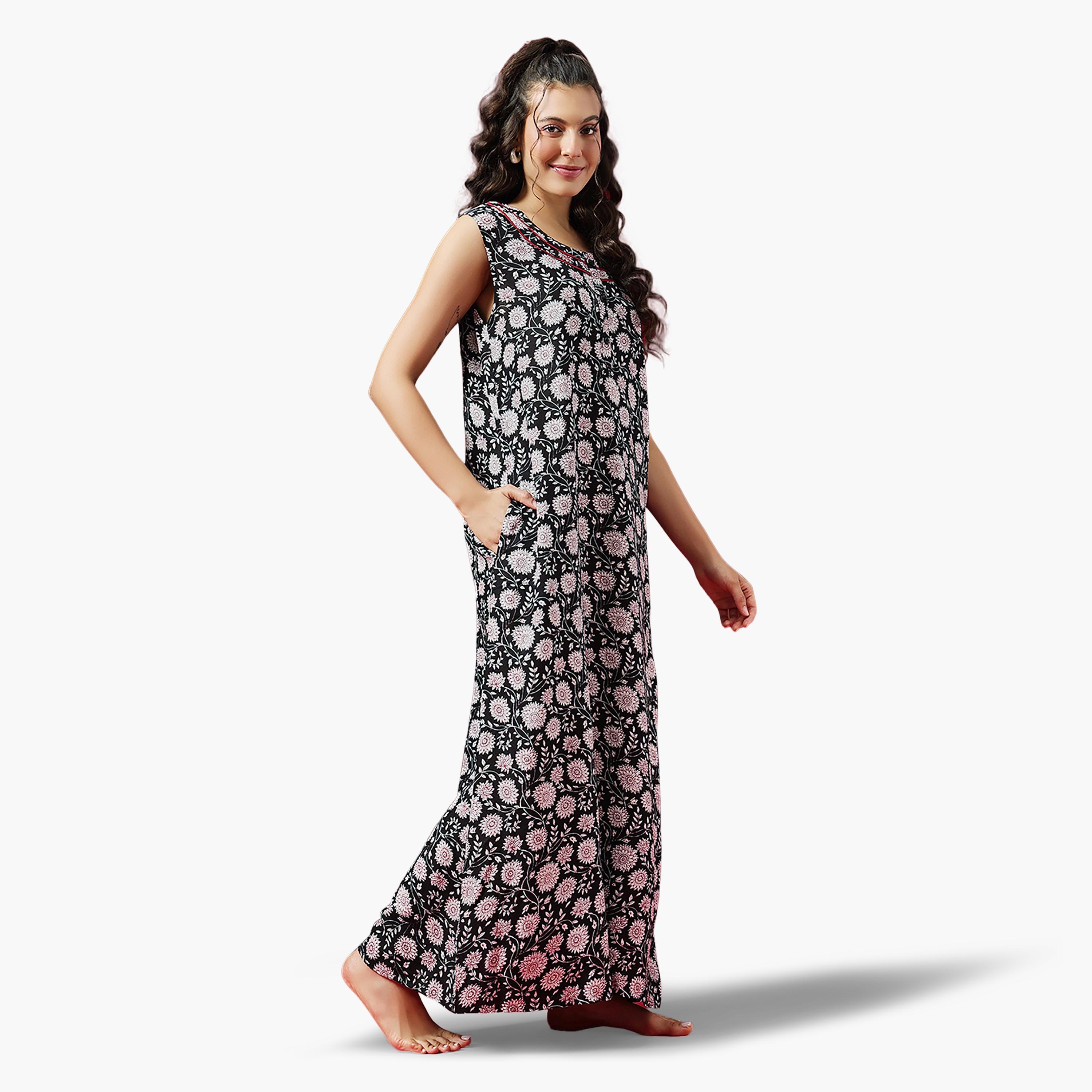 Clovia Floral Print Long Women's Nighty in Black - Rayon-women-clothing-nightwear-nighties-image-3