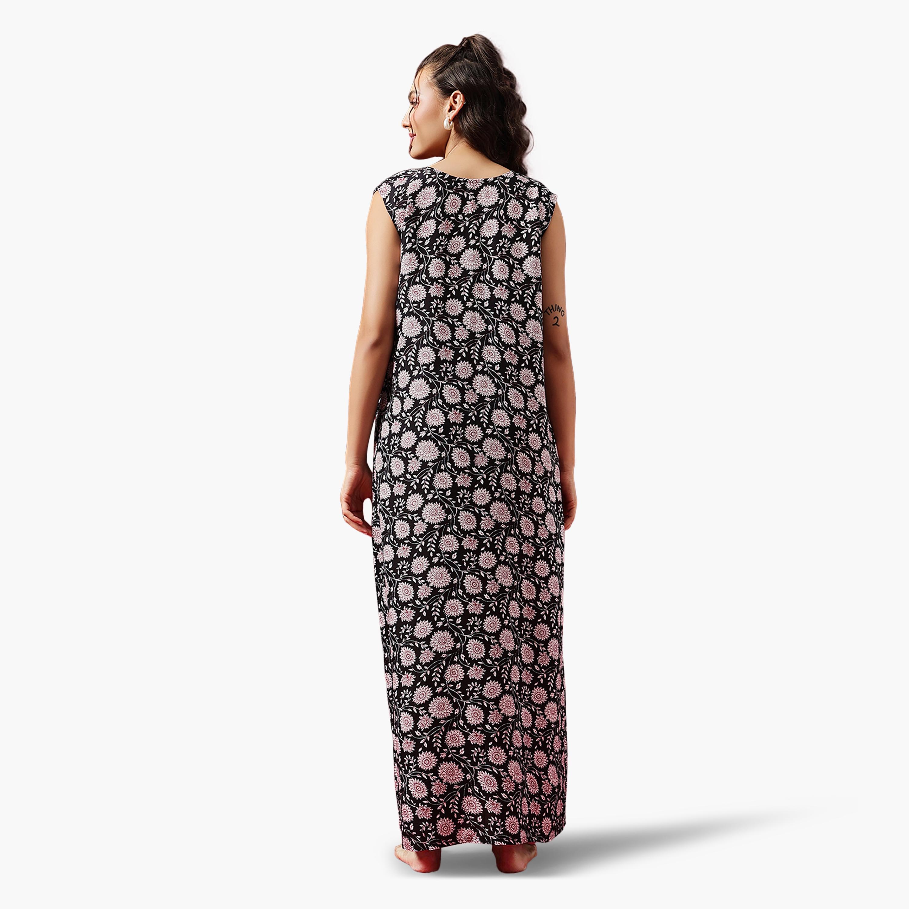 Clovia Floral Print Long Women's Nighty in Black - Rayon-women-clothing-nightwear-nighties-image-4