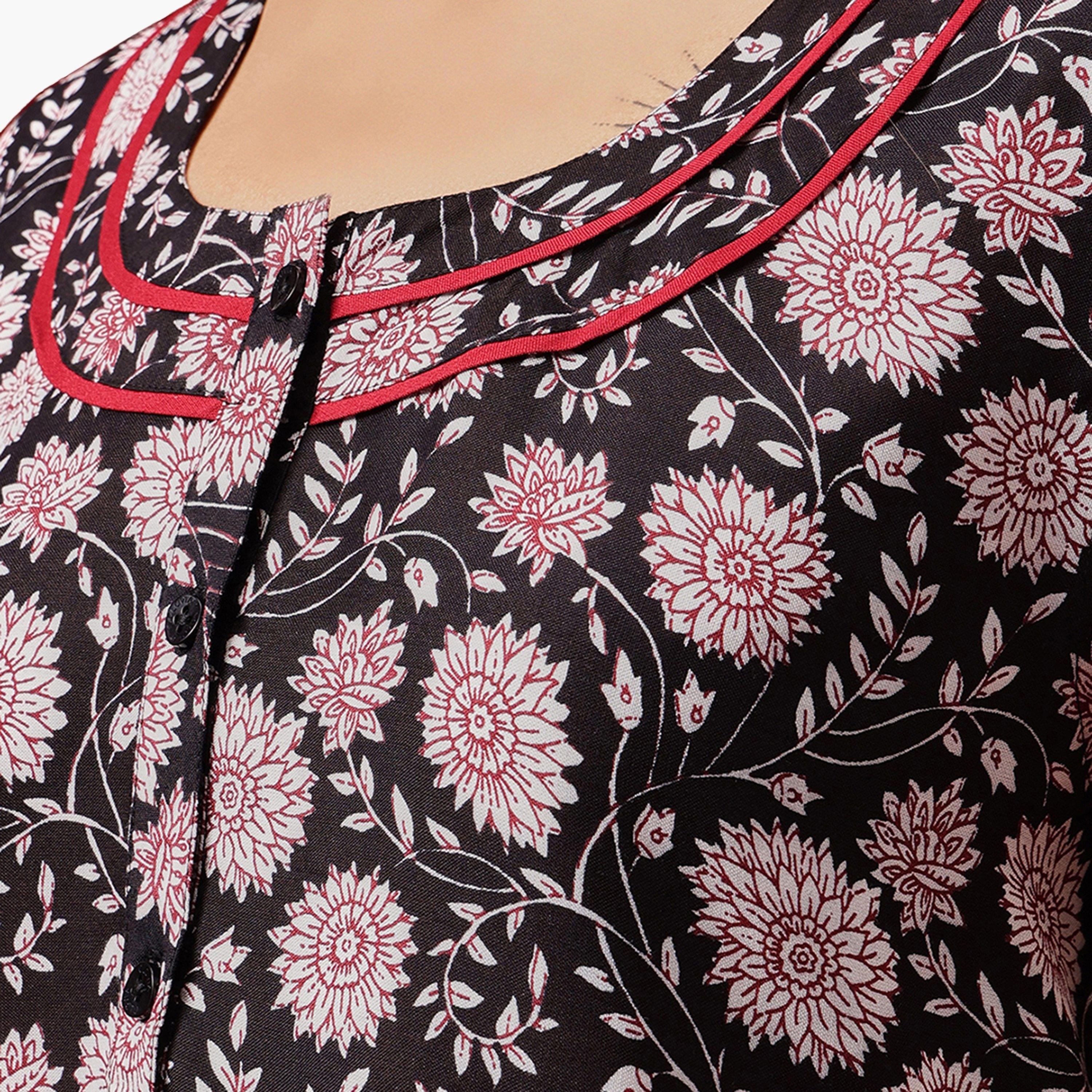 Clovia Floral Print Long Women's Nighty in Black - Rayon-women-clothing-nightwear-nighties-image-6