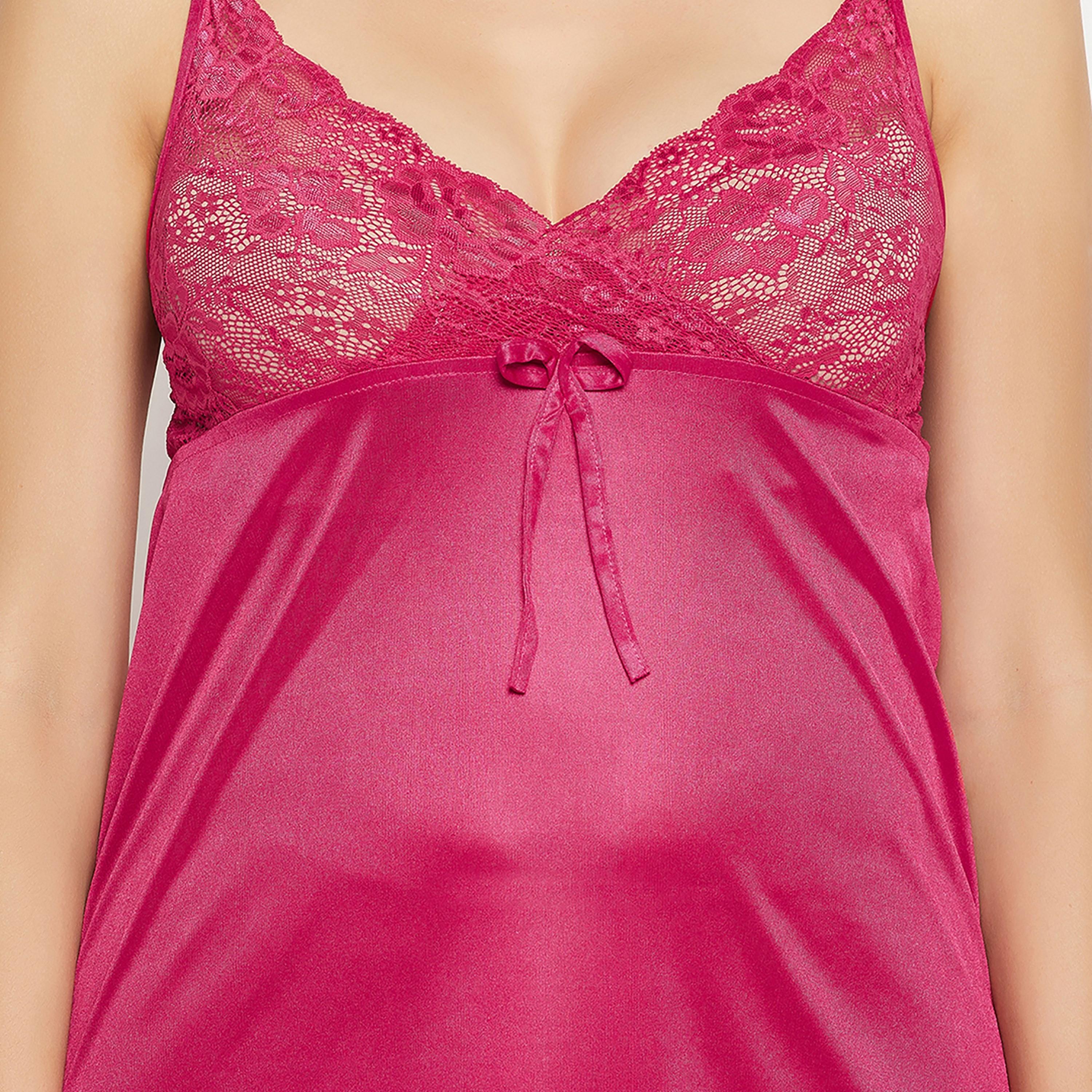 Clovia Chic Basic Women's Babydoll & Robe Set in Hot Pink - Satin-women-clothing-lingerie-babydollsandbodysuits-image-5