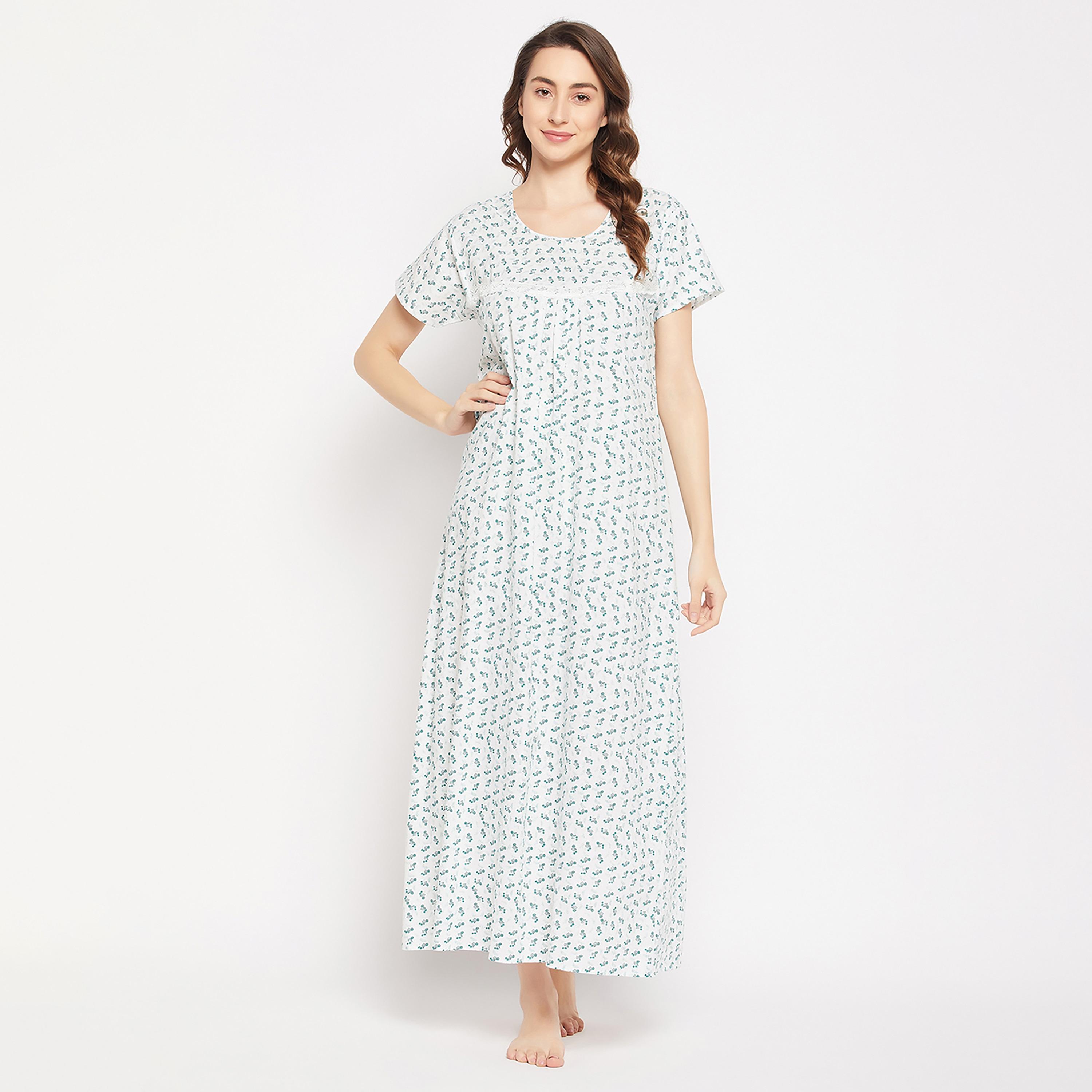 Clovia Pretty Florals Long Women's Night Dress in White - 100% Cotton-women-clothing-nightwear-nighties-image-1