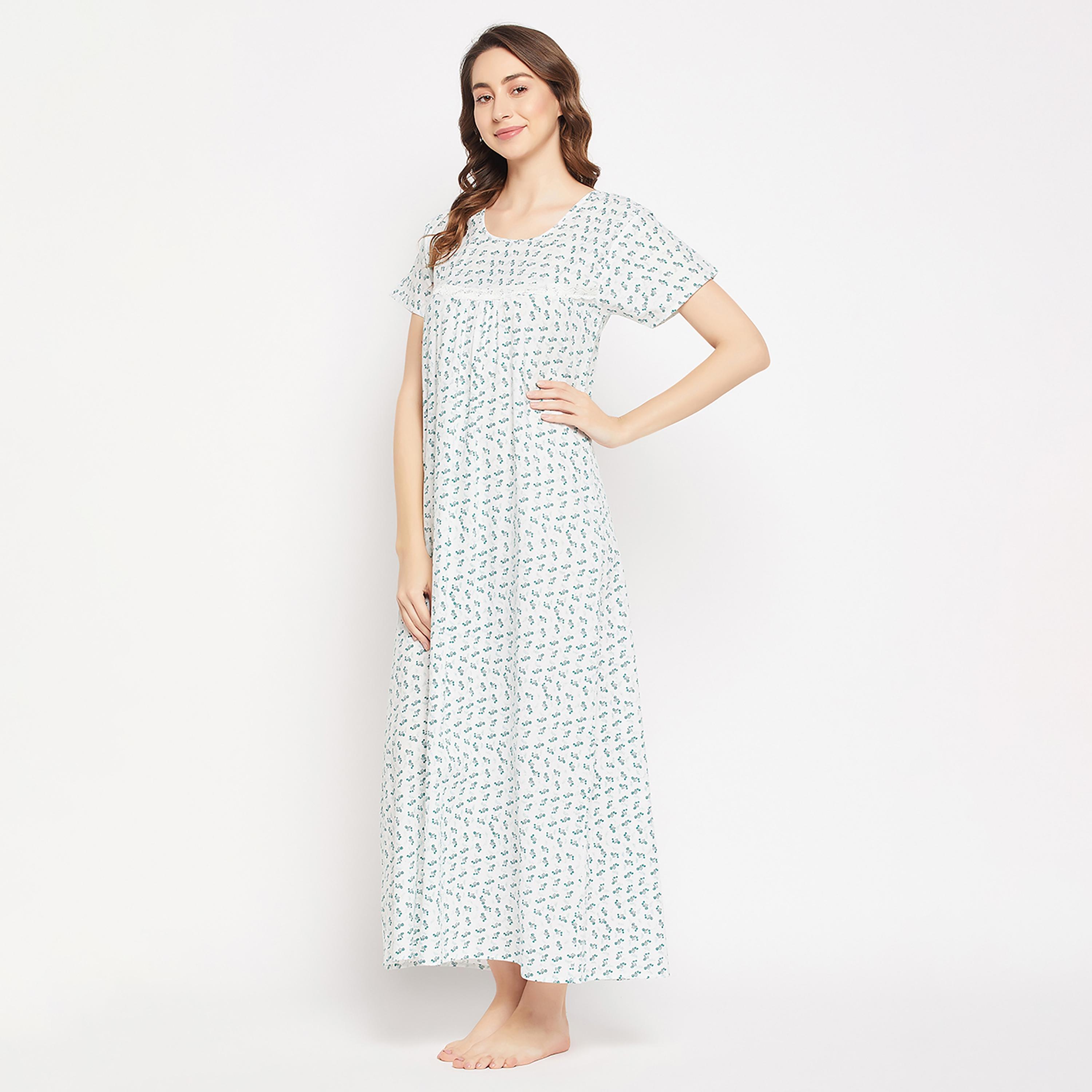 Clovia Pretty Florals Long Women's Night Dress in White - 100% Cotton-women-clothing-nightwear-nighties-image-3
