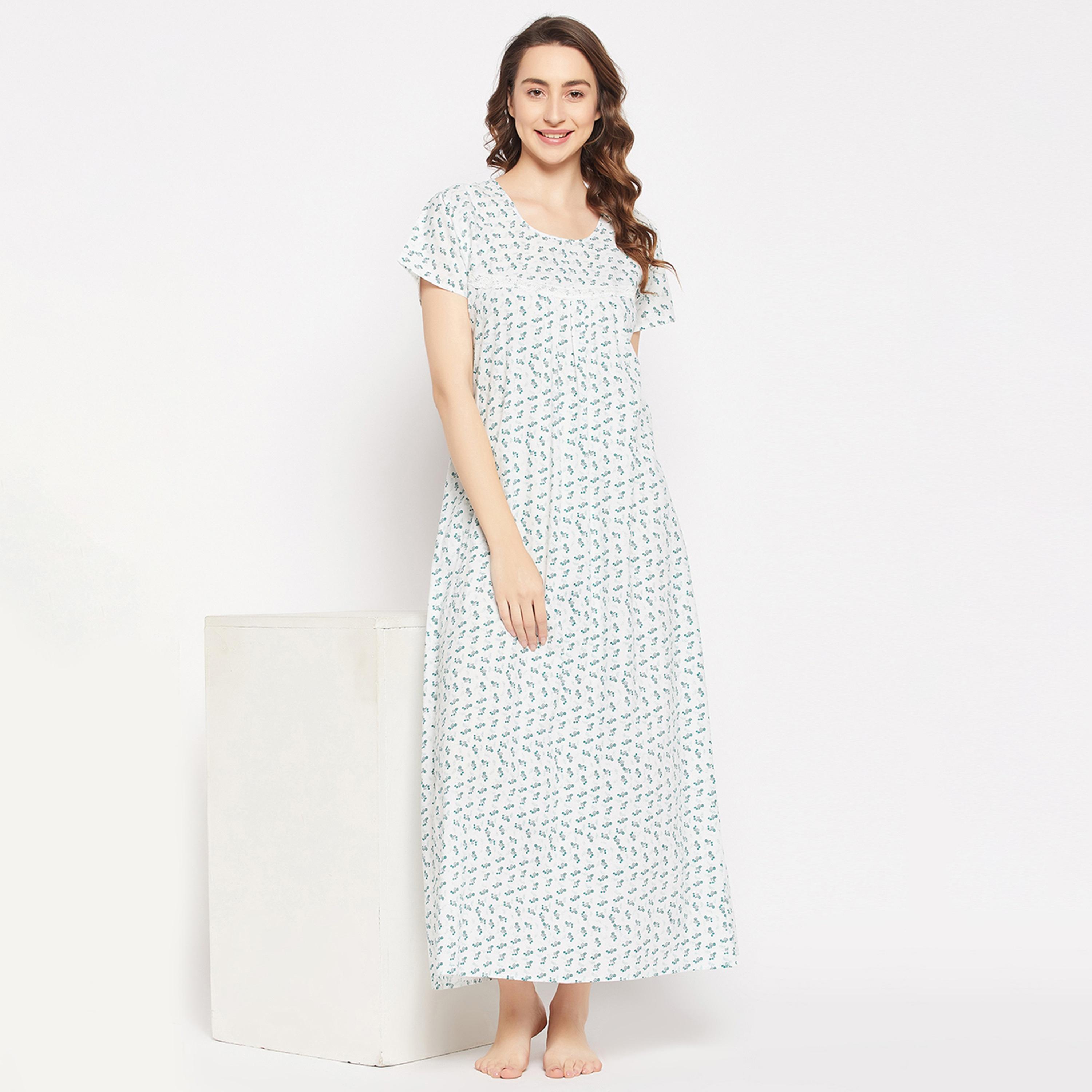 Clovia Pretty Florals Long Women's Night Dress in White - 100% Cotton-women-clothing-nightwear-nighties-image-4