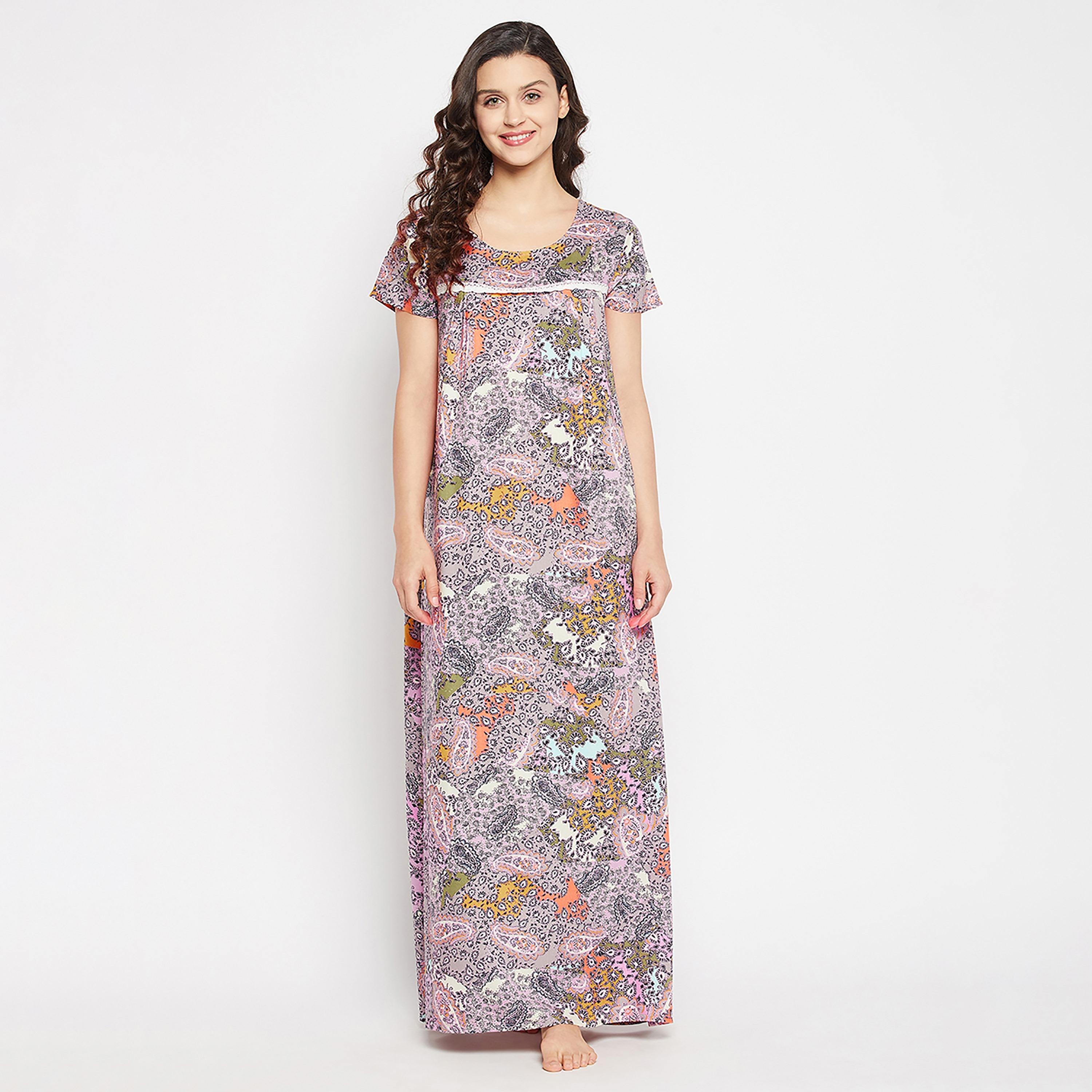 Clovia Paisley Print Long Women's Nighty in Multicolour - Rayon-women-clothing-nightwear-nighties-image-1
