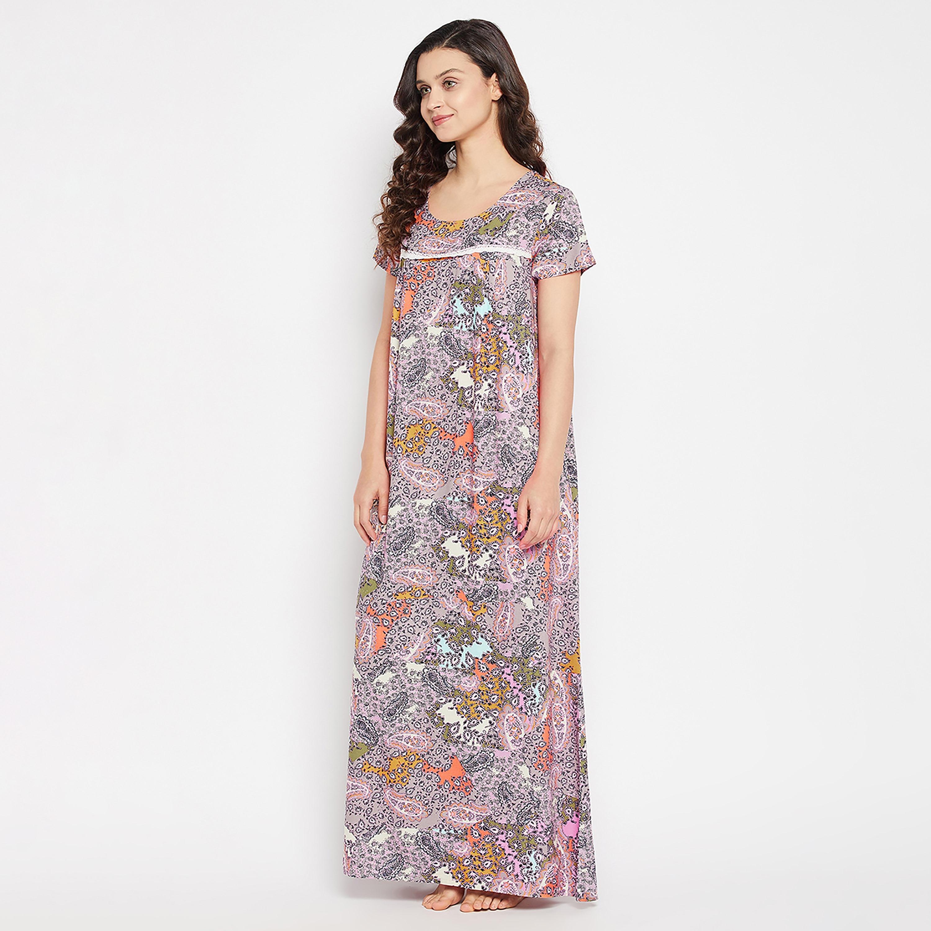 قميص نوم نسائي طويل بطبعة بيزلي متعدد الألوان من كلوفيا - رايون-women-clothing-nightwear-nighties-image-2