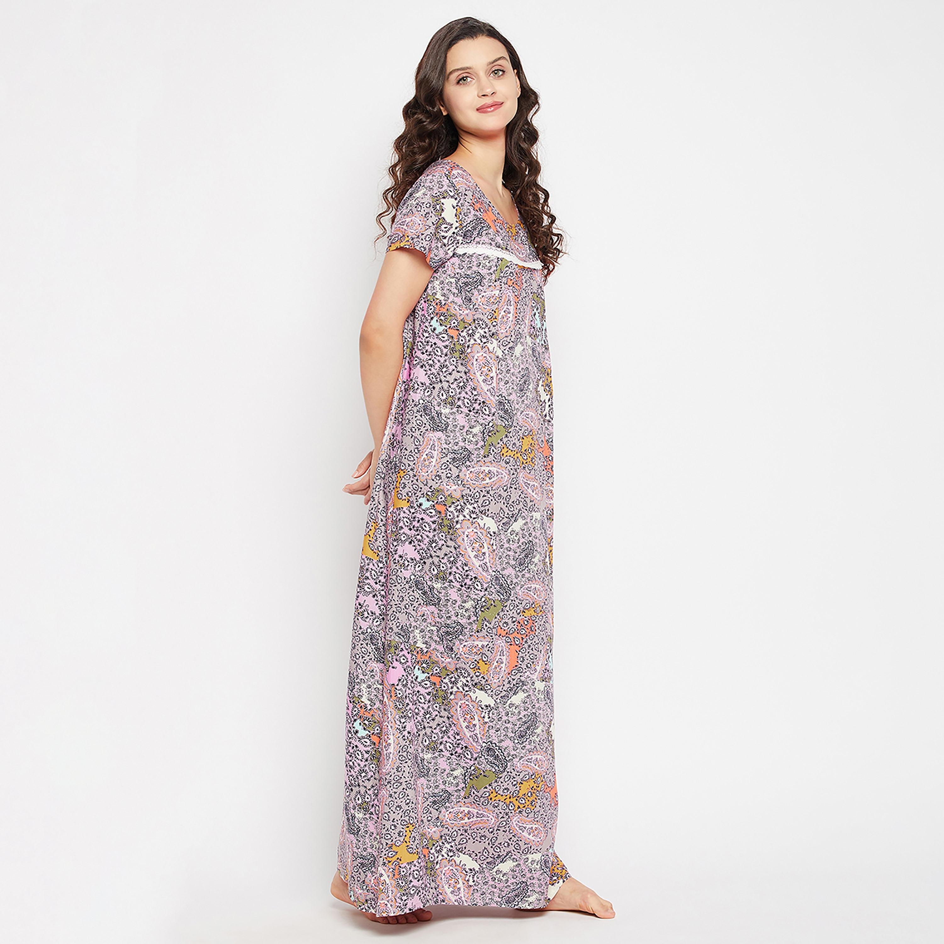 قميص نوم نسائي طويل بطبعة بيزلي متعدد الألوان من كلوفيا - رايون-women-clothing-nightwear-nighties-image-3