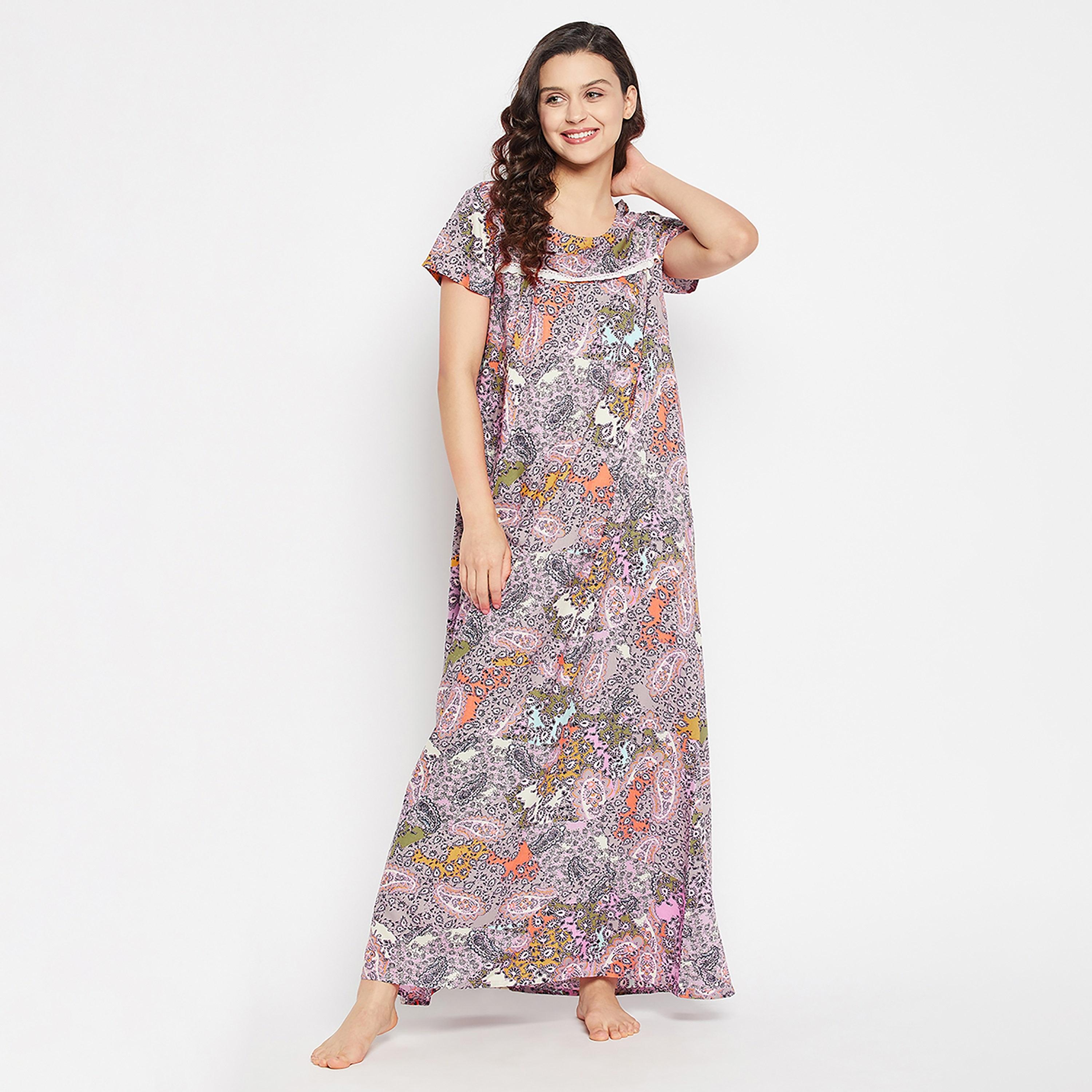 Clovia Paisley Print Long Women's Nighty in Multicolour - Rayon-women-clothing-nightwear-nighties-image-6