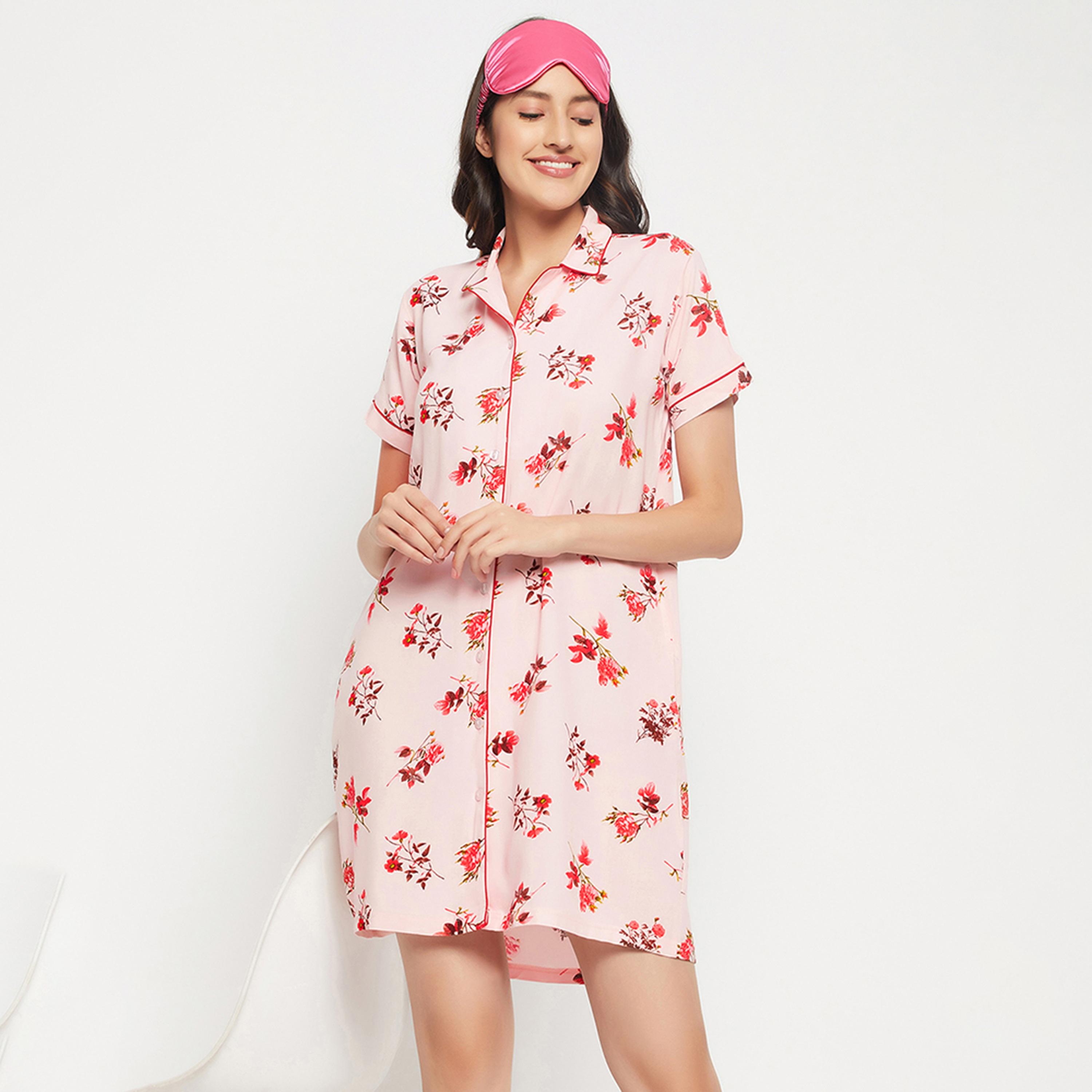 قميص نوم "بريتي فلورالز" - ريون وردي فاتح من كلوفيا-women-clothing-nightwear-nighties-image-1