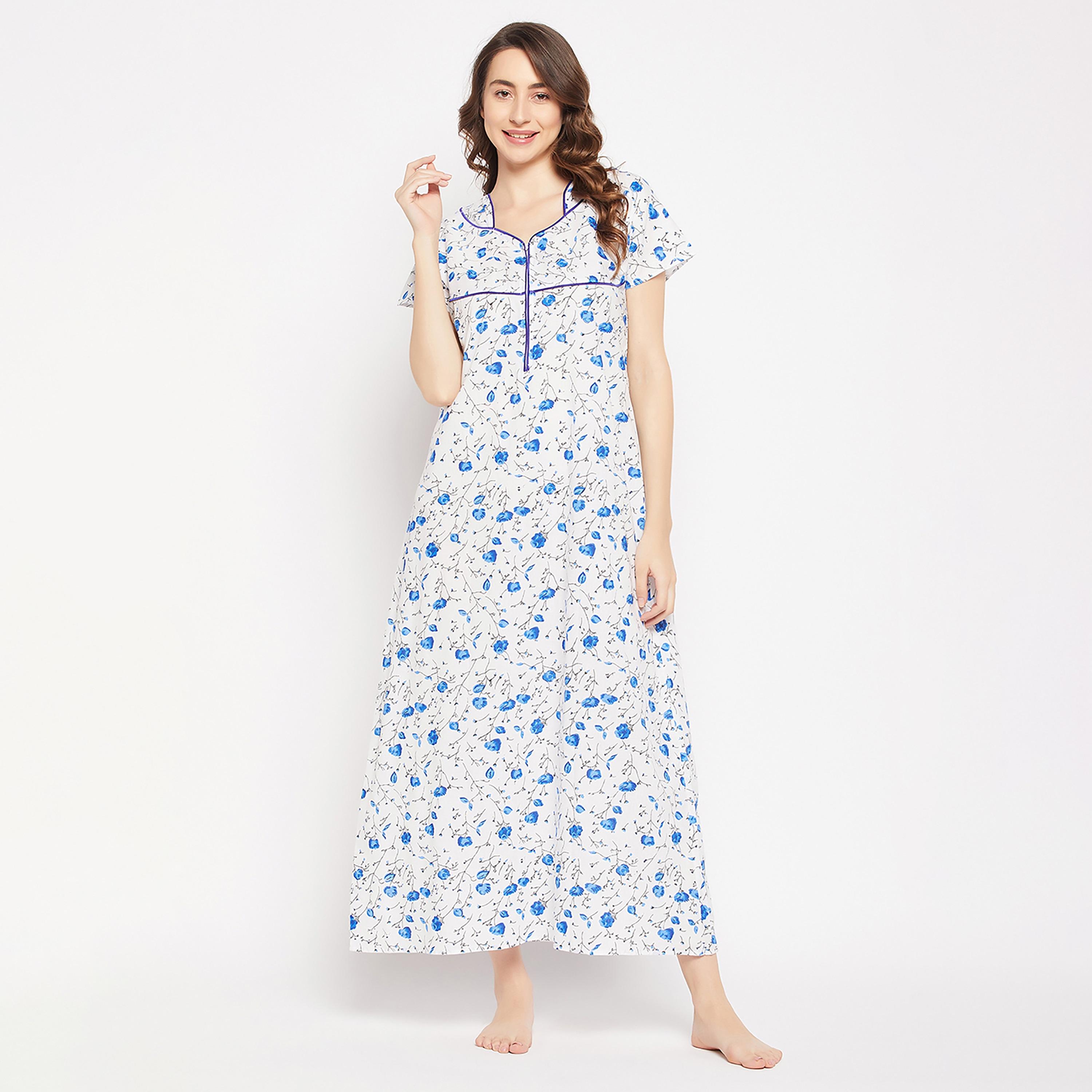 فستان نوم نسائي طويل من Clovia Pretty Florals باللون الأبيض - 100% قطن-women-clothing-nightwear-nighties-image-1