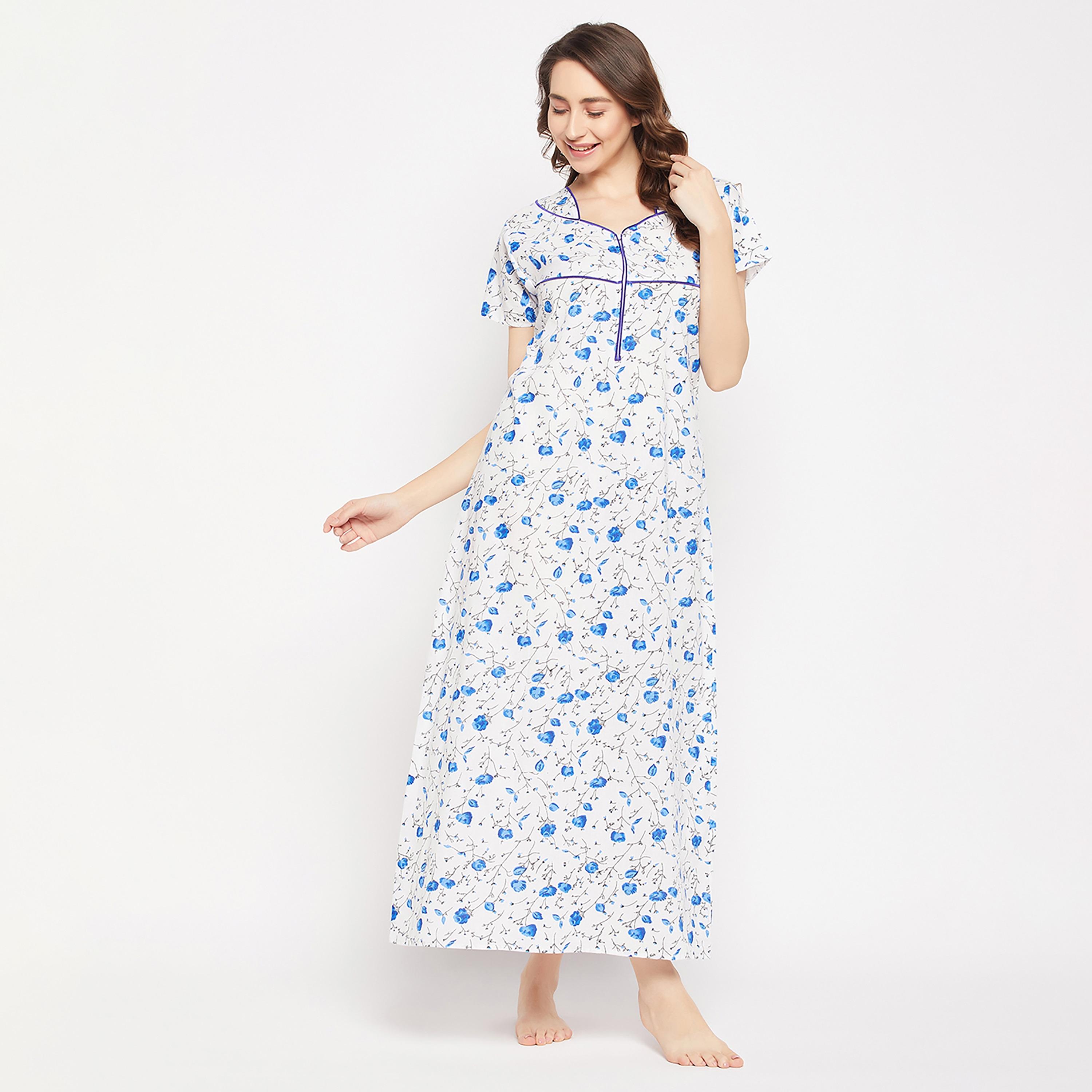 فستان نوم نسائي طويل من Clovia Pretty Florals باللون الأبيض - 100% قطن-women-clothing-nightwear-nighties-image-2