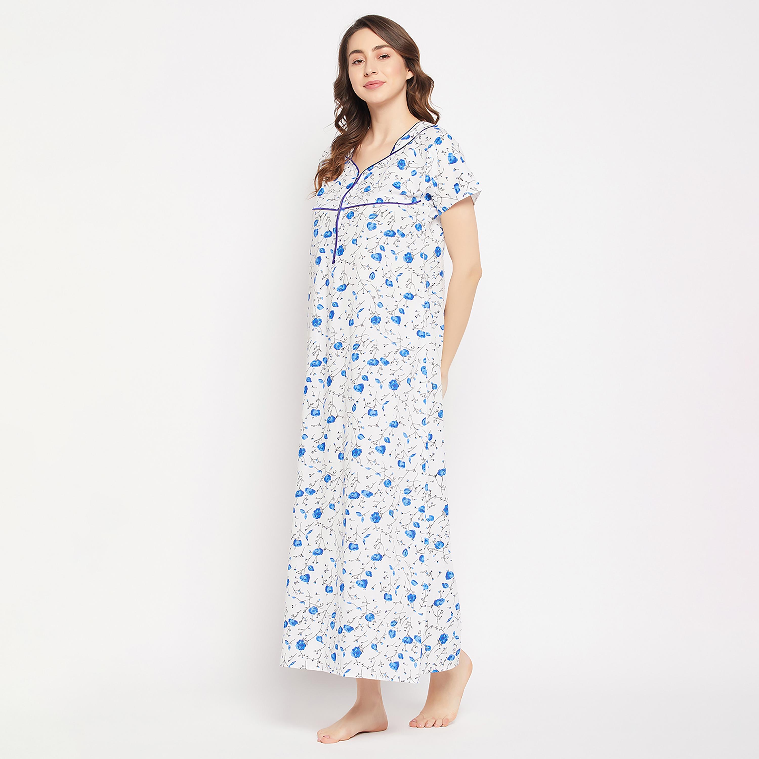 فستان نوم نسائي طويل من Clovia Pretty Florals باللون الأبيض - 100% قطن-women-clothing-nightwear-nighties-image-3